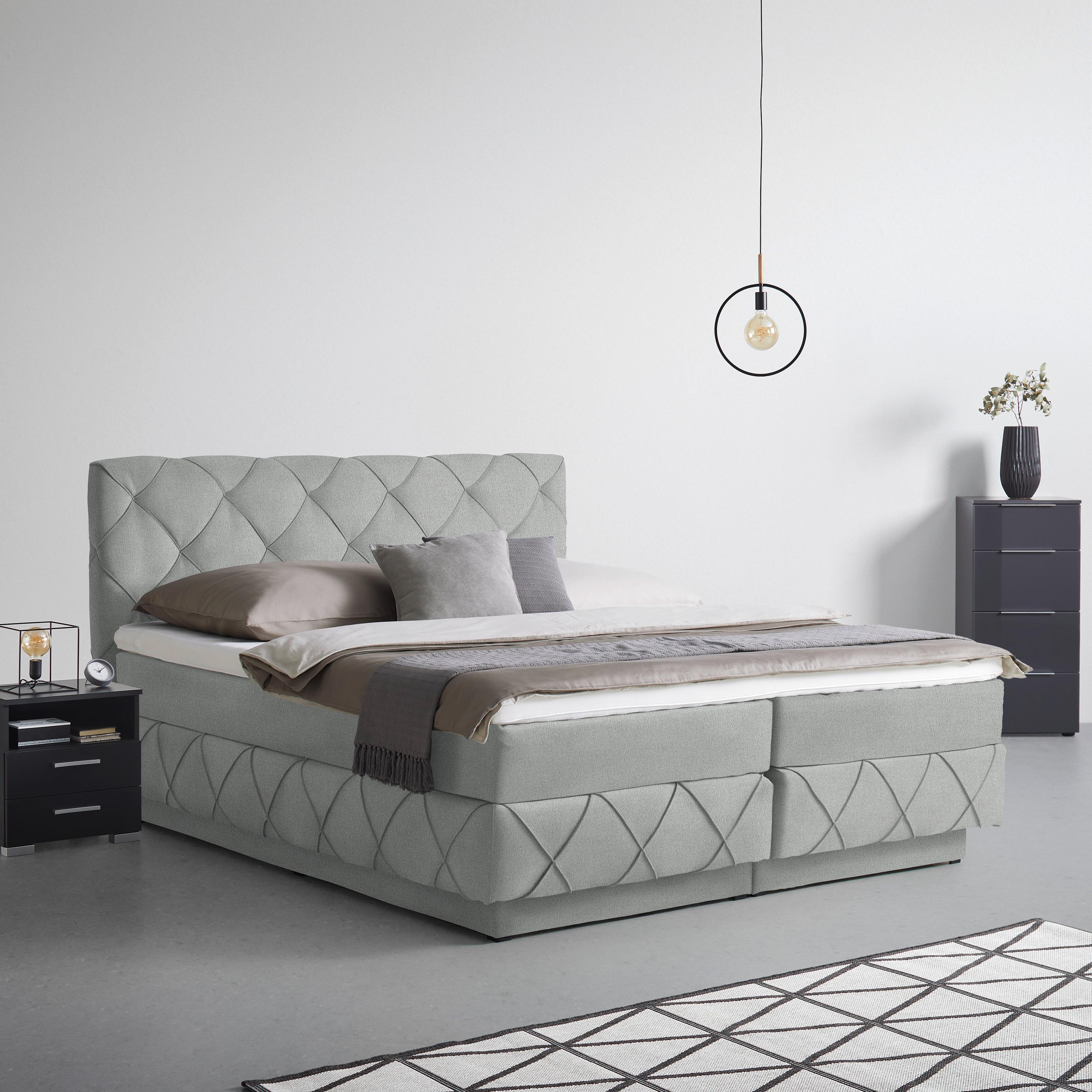 Boxspringbett Cordoba Hellgrau ca. 180x200cm - Hellgrau/Schwarz, KONVENTIONELL, Holz/Holzwerkstoff (180/200cm) - Premium Living