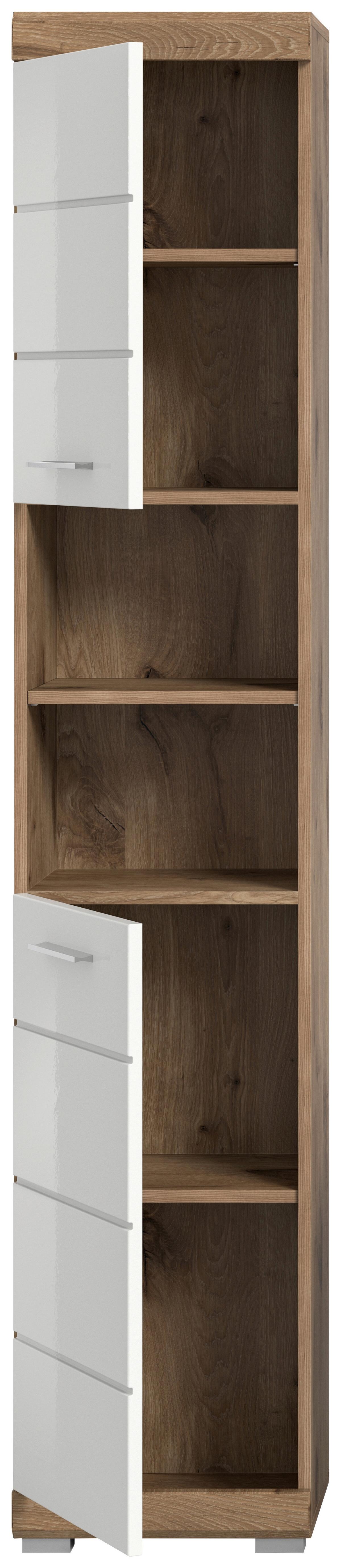 Hochschrank Wave ca. 37x191 cm Eiche/Weiß - Chromfarben/Weiß Hochglanz, MODERN, Holzwerkstoff/Kunststoff (37/191/31cm) - MID.YOU