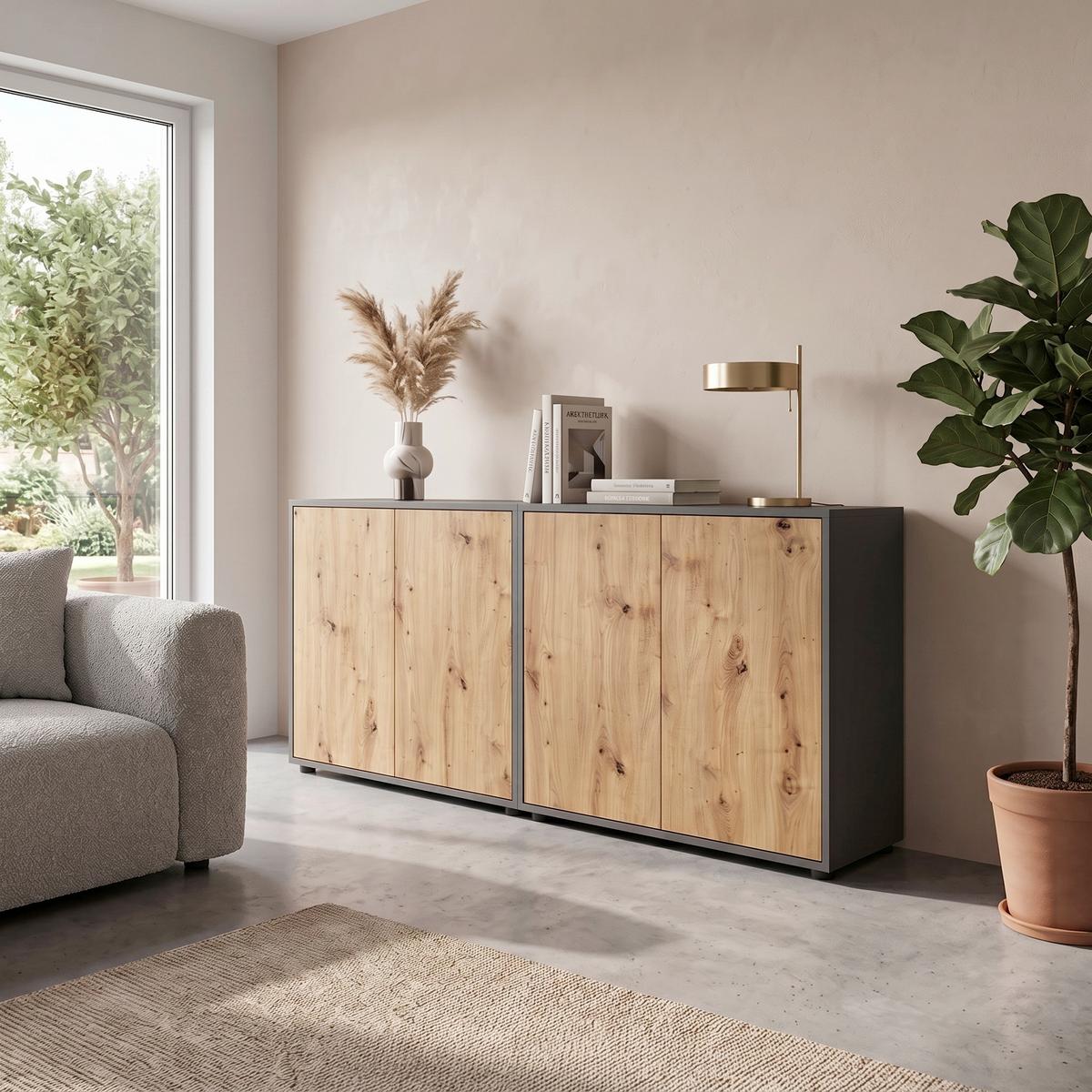 Sideboard Mailand Set 2 Anthrazit/Eiche - Anthrazit/Schwarz, MODERN, Holzwerkstoff/Kunststoff (158/73/33cm) - MID.YOU