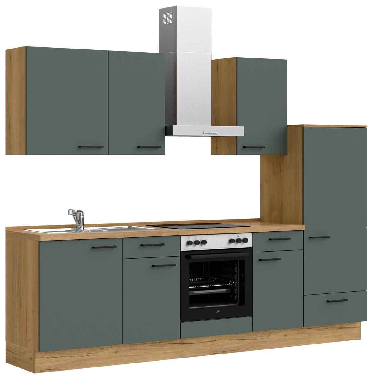Küchenblock Easytouch Low m. Geräten Dunkelgrün - Dunkelgrün/Eichefarben, MODERN, Holzwerkstoff/Metall (270cm) - Nobilia