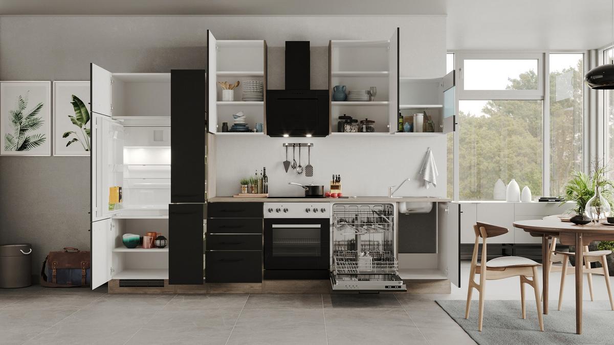 Kuhinjski Blok Capri, Črna, Hrast - črna/barve hrasta, Moderno, kovina/leseni material (310cm) - FlexWell