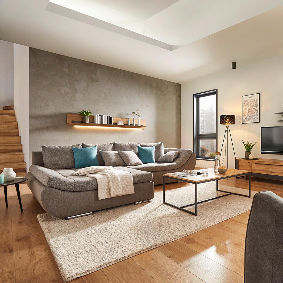 Couchtisch in Eichefarben/Schwarz - Schieferfarben/Eichefarben, MODERN, Holzwerkstoff/Metall (110/70/42,5cm) - Premium Living