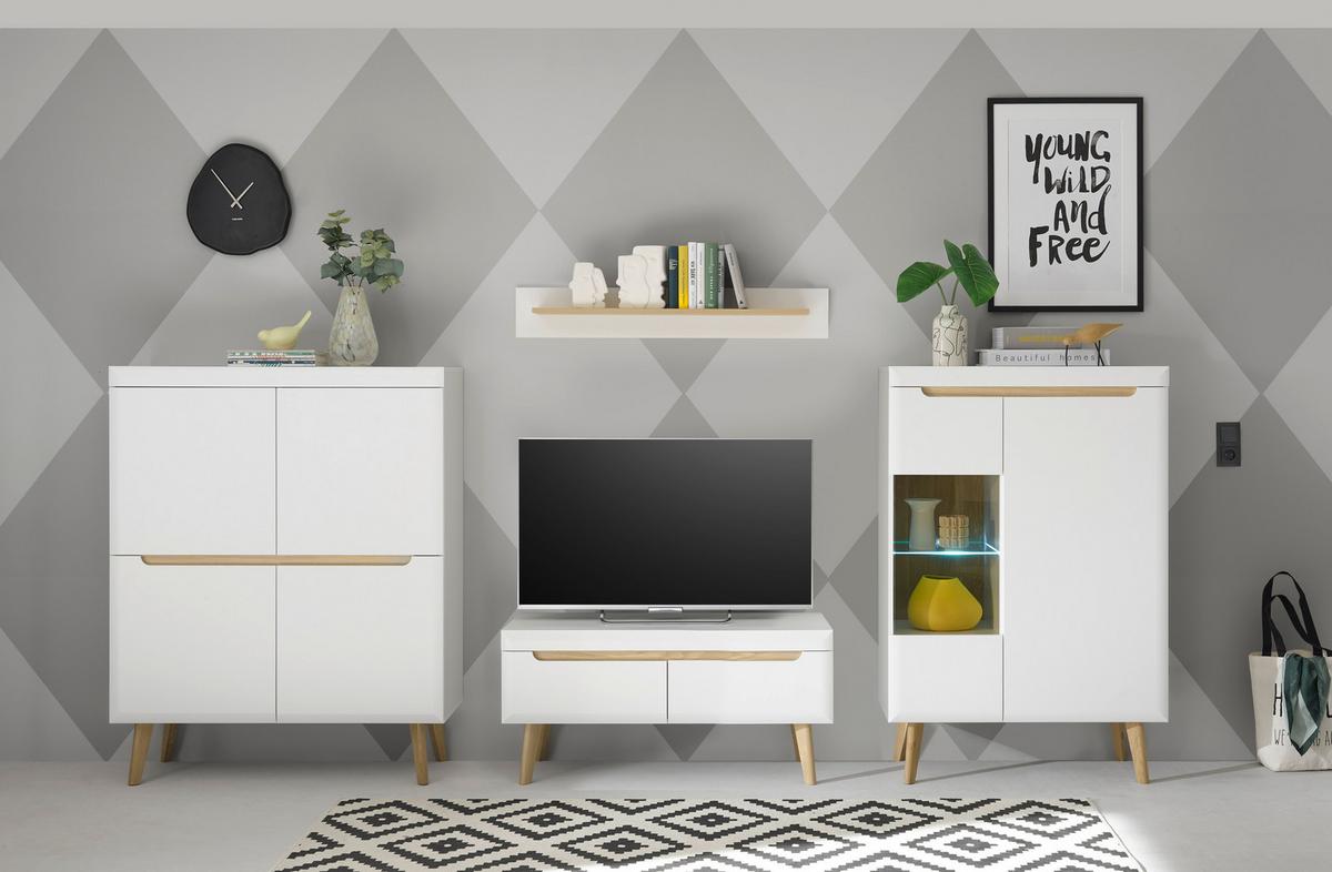 Wohnwand Svante Torge Weiß/Eichefarben B: 344cm - Eichefarben/Weiß, Design, Glas/Holzwerkstoff (344/170/40cm) - MID.YOU