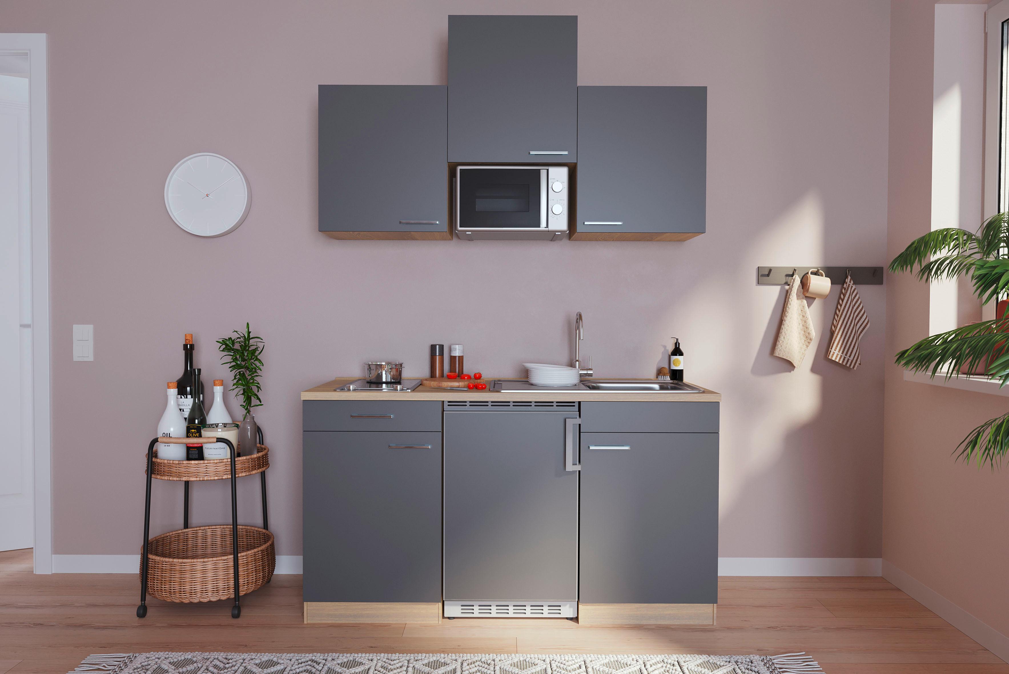 Miniküche Economy m. Geräten B: ca. 150cm Grau/Eichefarben - Eichefarben/Grau, Basics, Holzwerkstoff (150cm) - Respekta