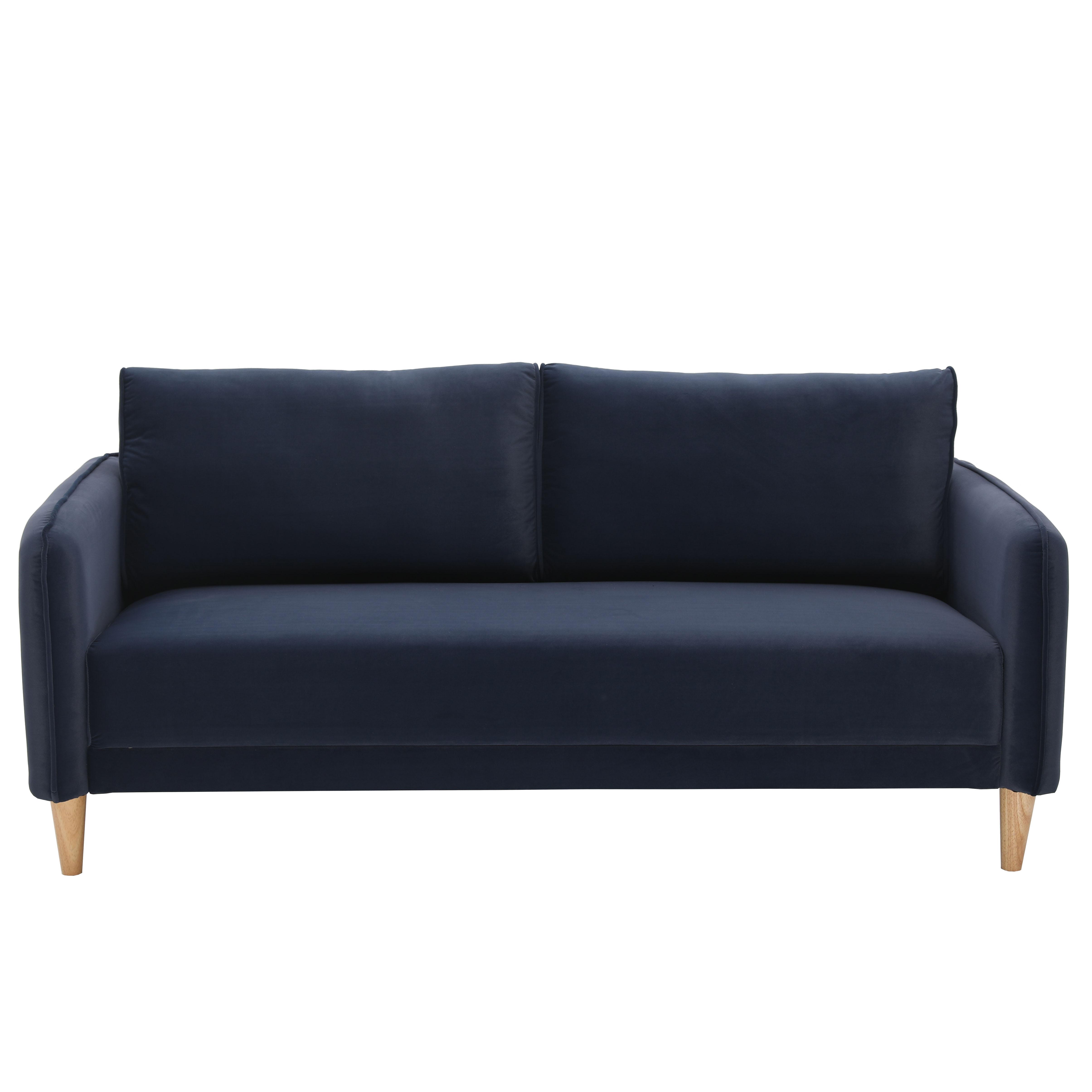 Sofa "Livia", dreisitzer, dunkelblau, Samt - Dunkelblau/Naturfarben, MODERN, Holz/Textil (176/78/76cm) - Bessagi Home