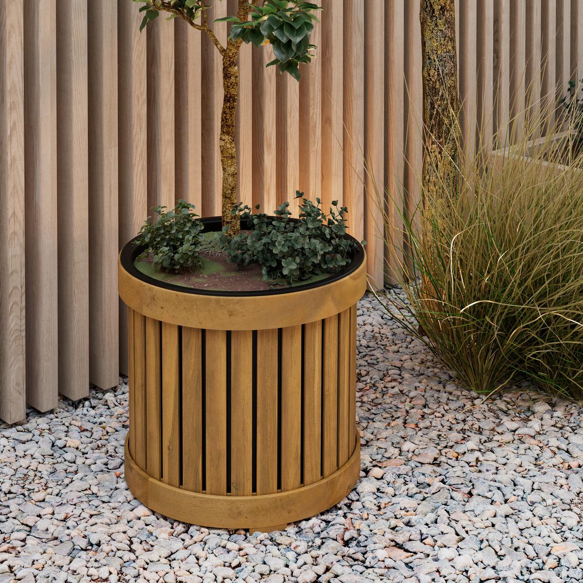 Hochbeet Marlo Echtholz massiv Ø 48 cm - Schwarz/Akaziefarben, MODERN, Holz/Kunststoff (48/44/48cm) - Bessagi Garden