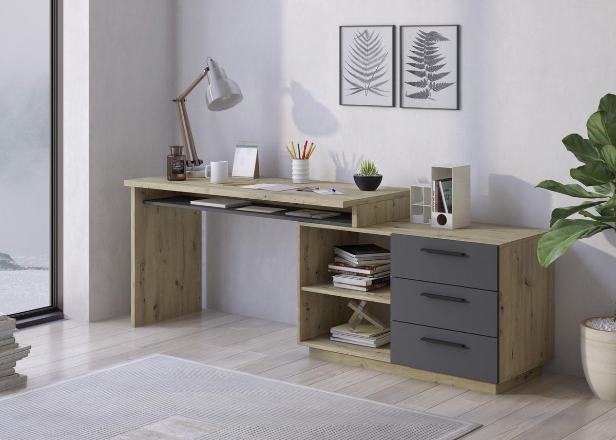 BIURKO ZESTAW GHIA - antracytowy/dąb artisan, Konventionell, materiał drewnopochodny (138/105/75cm) - Xora