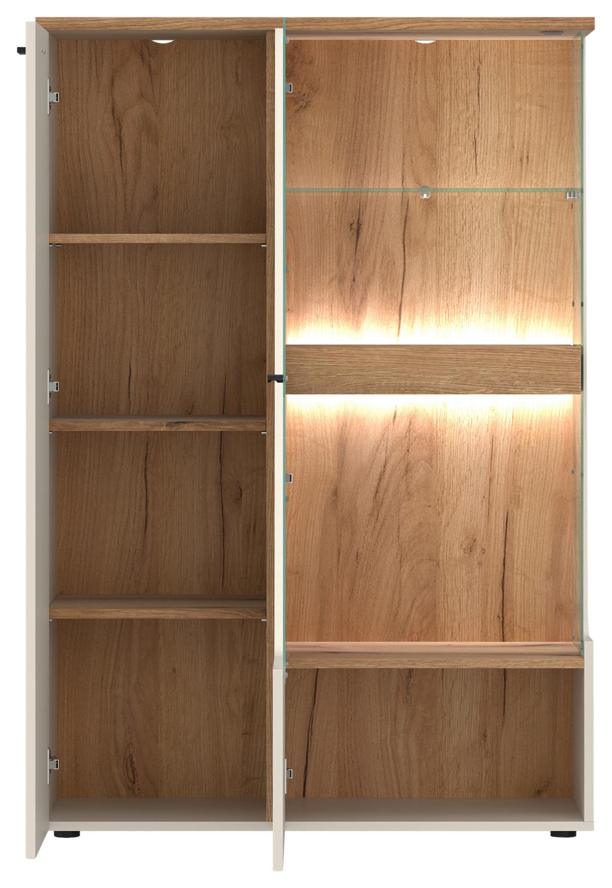 Vitrină CUT OUT - cașmir/culoare lemn stejar, Modern, sticlă/material pe bază de lemn (95/140/40cm) - Premium Living