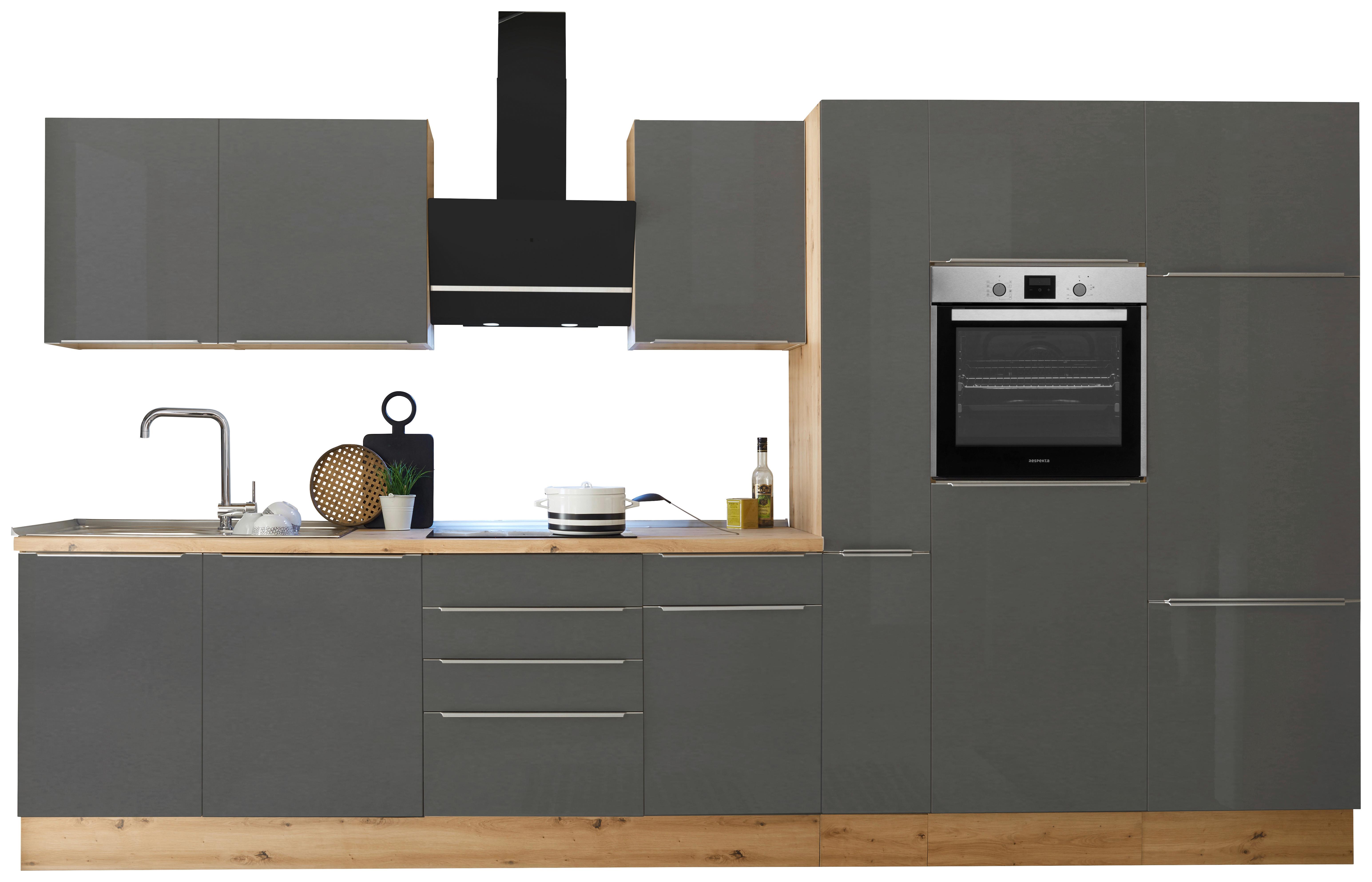 Küchenblock Marleen m. Geräten Grau B: ca. 370 cm - Anthrazit/Alufarben, LIFESTYLE, Holzwerkstoff/Kunststoff (370cm) - Respekta