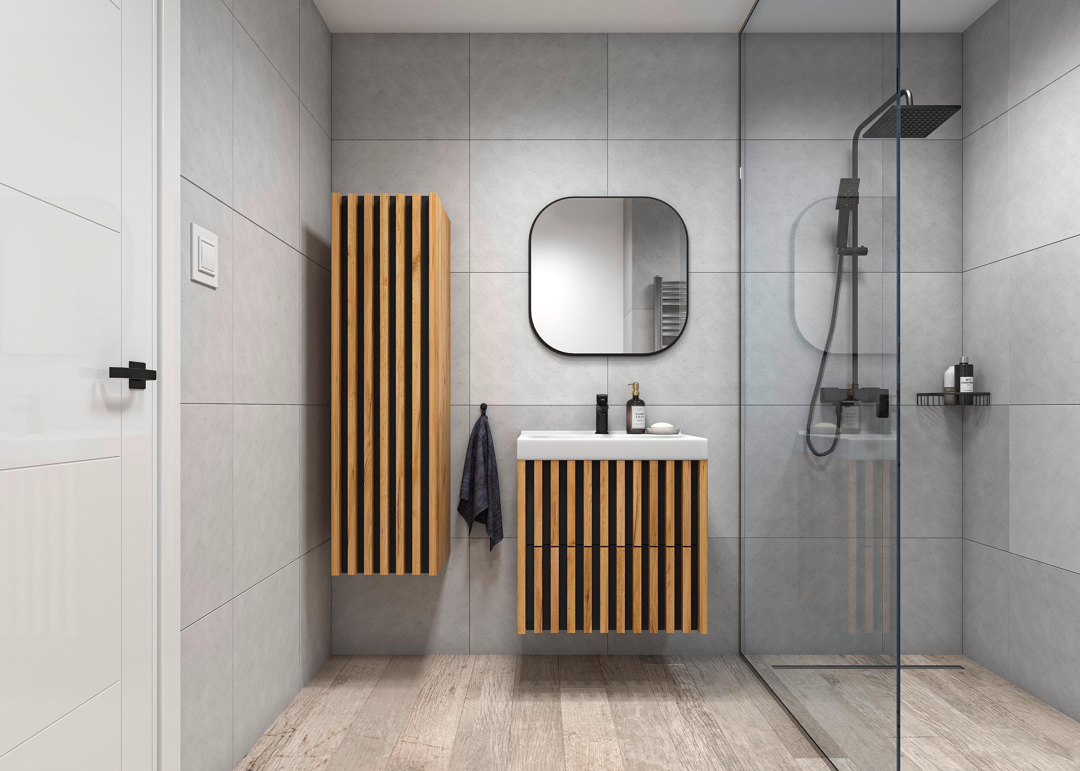 Dulap mediu Line - auriu/culoare lemn stejar, Modern, material pe bază de lemn (35/125/36cm) - Welnova