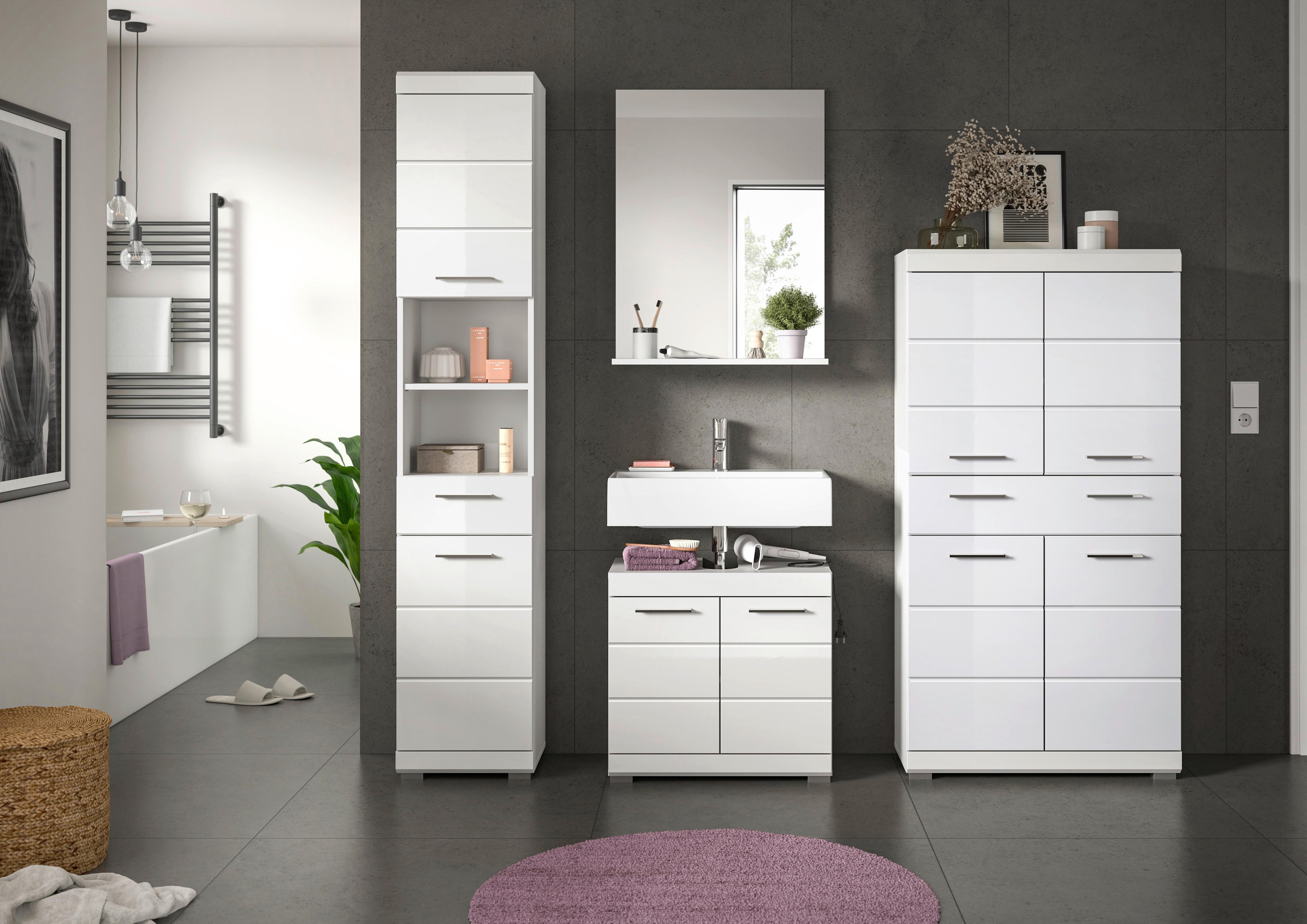 Badezimmer SCOUT 4-teilig Weiß Hochglanz - Weiß Hochglanz/Silberfarben, MODERN, Glas/Holzwerkstoff (171cm) - MID.YOU