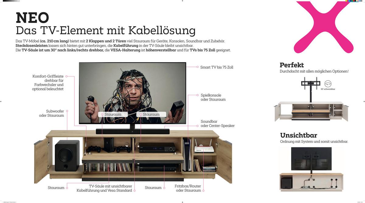 TV-Element Neo Eichefarben ca. 210x53x40cm - Eichefarben/Schwarz, MODERN, Holzwerkstoff/Kunststoff (210/53/40cm) - Mömax
