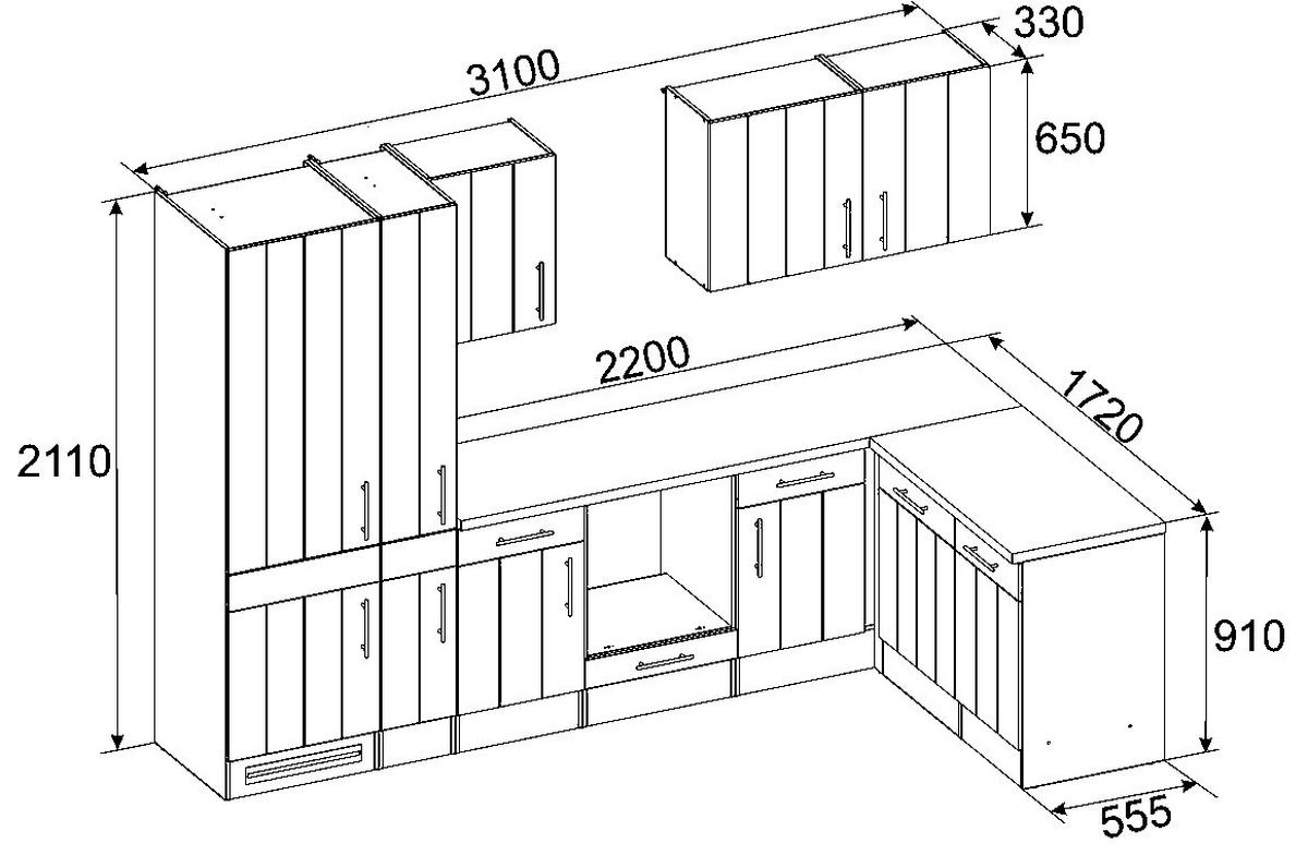 Eckküche Premium Lärche Weiß ca. 310x172 cm - Eichefarben/Weiß, ROMANTIK / LANDHAUS, Holzwerkstoff/Metall (310/172cm) - Respekta