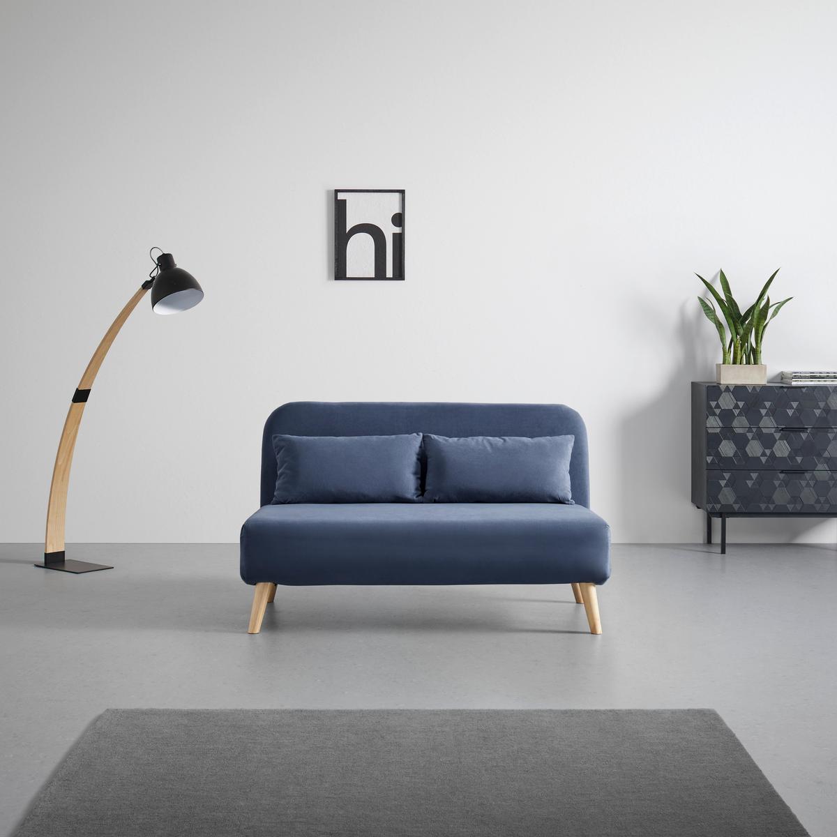 Sofa mit Schlaffunktion blau, "Linn", Samt - Blau/Naturfarben, Modern, Holz/Textil (132/87/78cm) - Bessagi Home