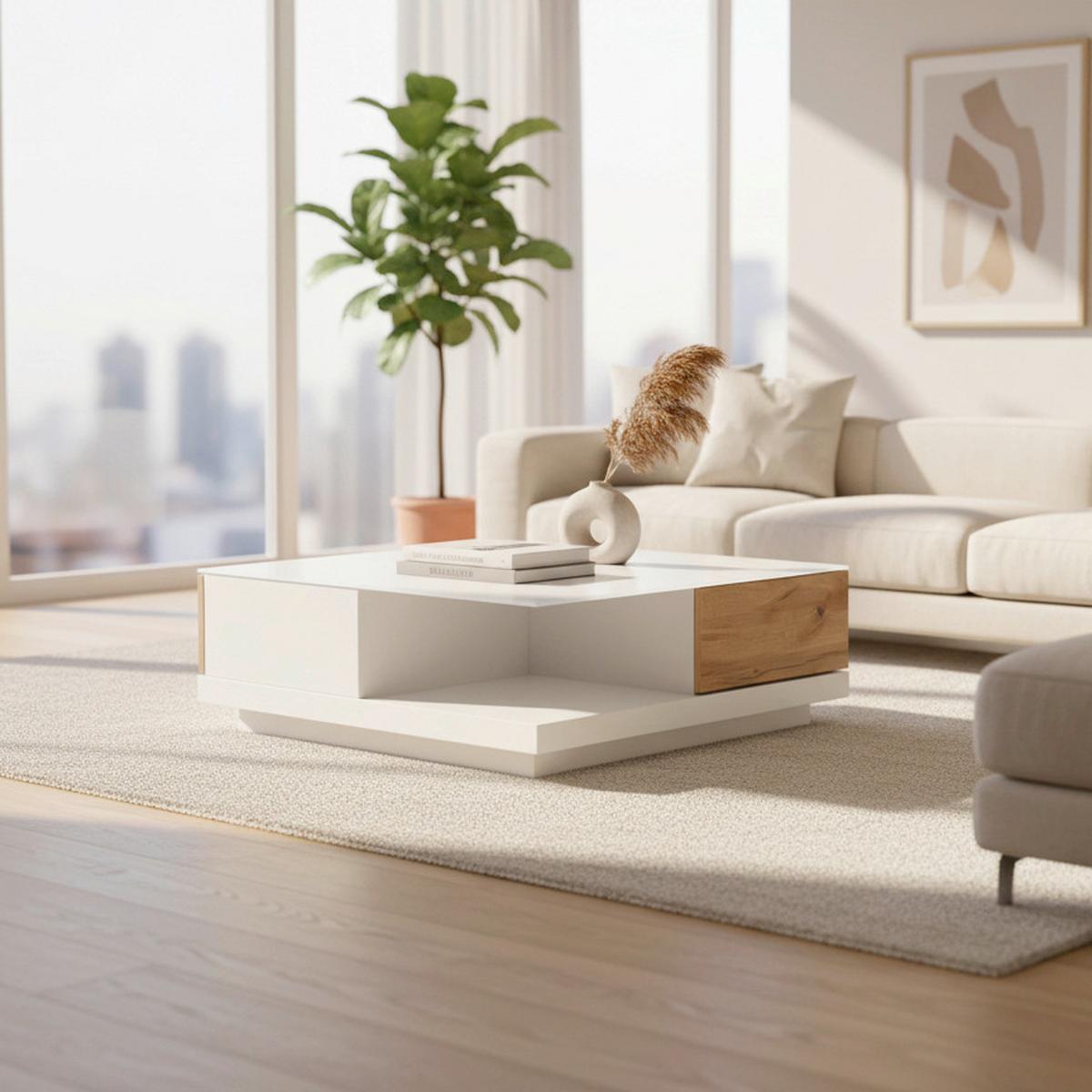 Couchtisch Nevio Weiß Eichefarben MDF mit Stauraum - Eichefarben/Weiß, MODERN, Glas (85/85/30cm) - Bessagi Home