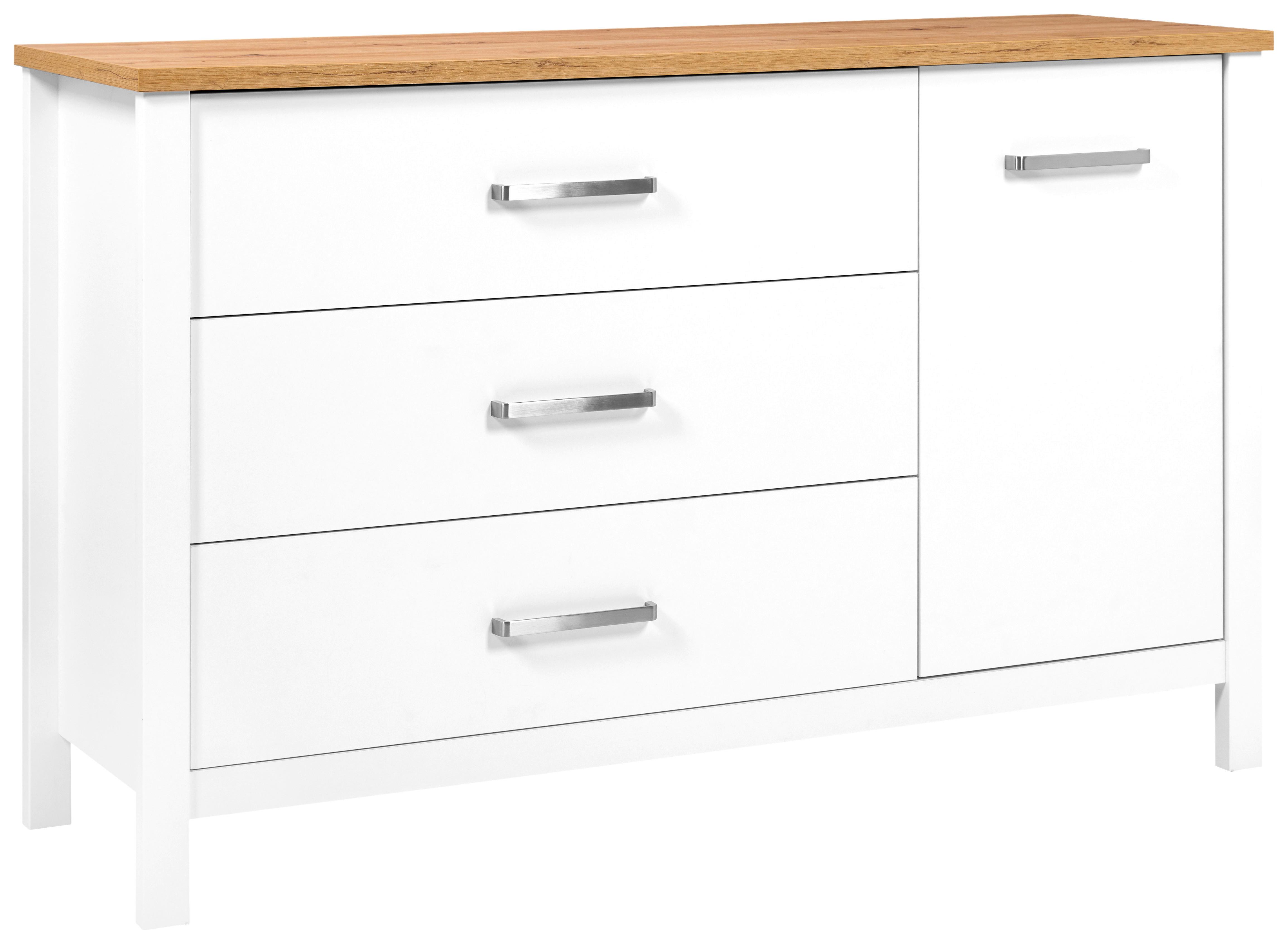 Sideboard Sicilia Weiß/Eiche - Silberfarben/Weiß, ROMANTIK / LANDHAUS, Holzwerkstoff/Metall (148/92/45cm) - Mömax