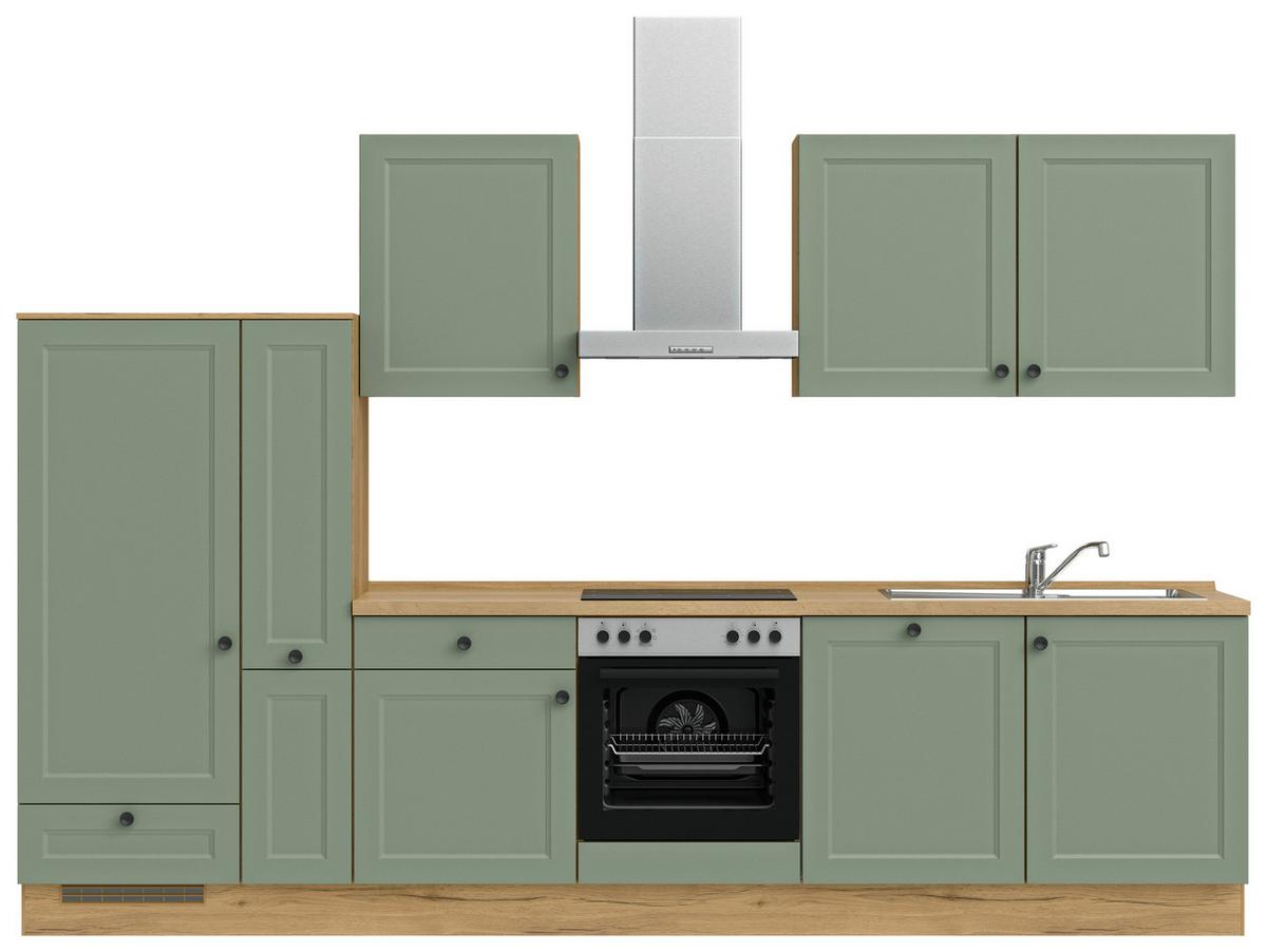 Küchenblock Cascada Low m. Geräten Schilfgrün - Schilfgrün/Eichefarben, MODERN, Holzwerkstoff/Metall (330cm) - Nobilia