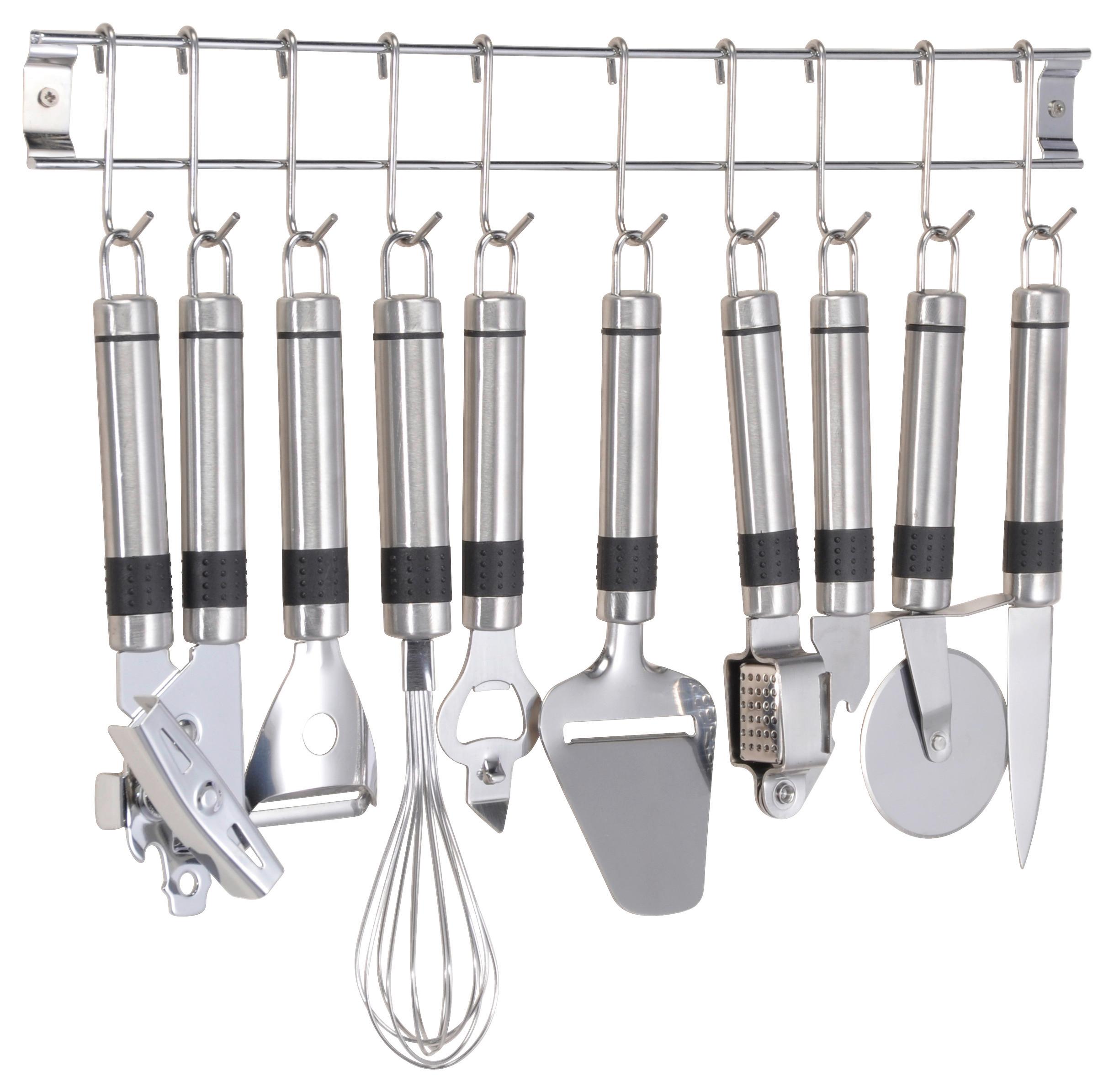 ZESTAW PRZYBORÓW KUCHENNYCH 9-CZĘŚCIOWY - kolor srebrny, Basics, metal (50cm)