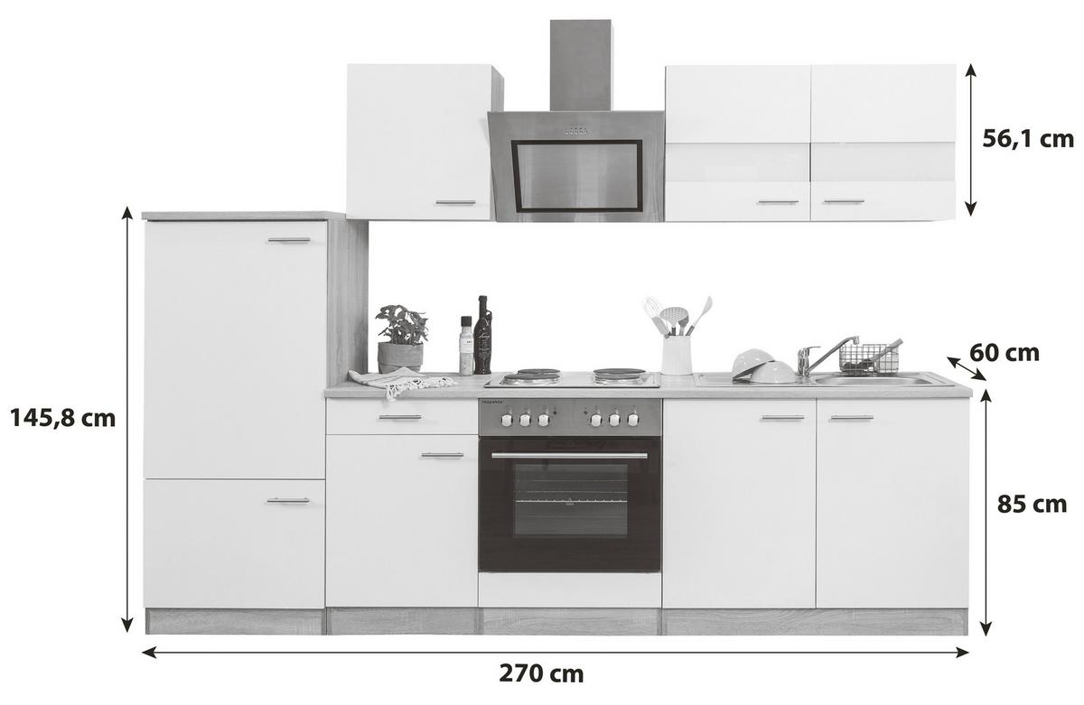 Küchenblock Merle mit Geräten ca. 270 cm Grau - Edelstahlfarben/Eichefarben, Basics, Holzwerkstoff/Metall (270cm) - Respekta