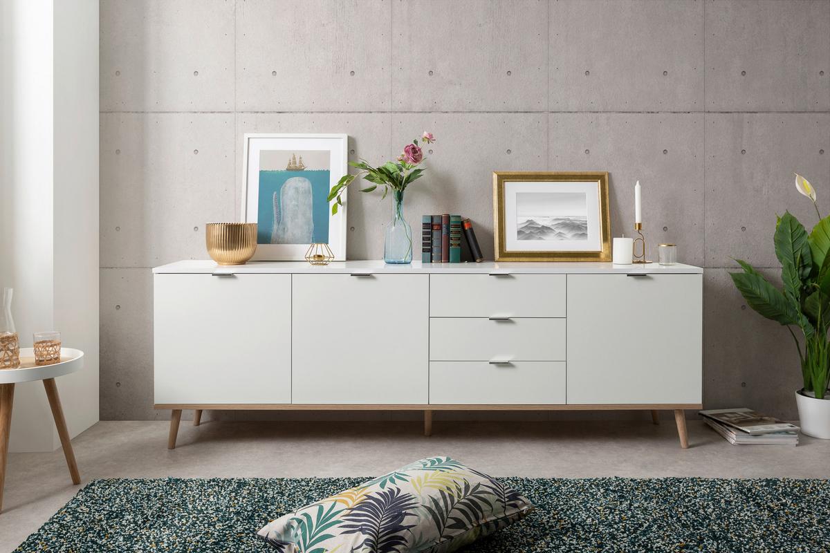 Sideboard "Göteborg 57", weiß/sonoma eiche - Silberfarben/Weiß, KONVENTIONELL, Holz/Holzwerkstoff (200/68/40cm) - MID.YOU