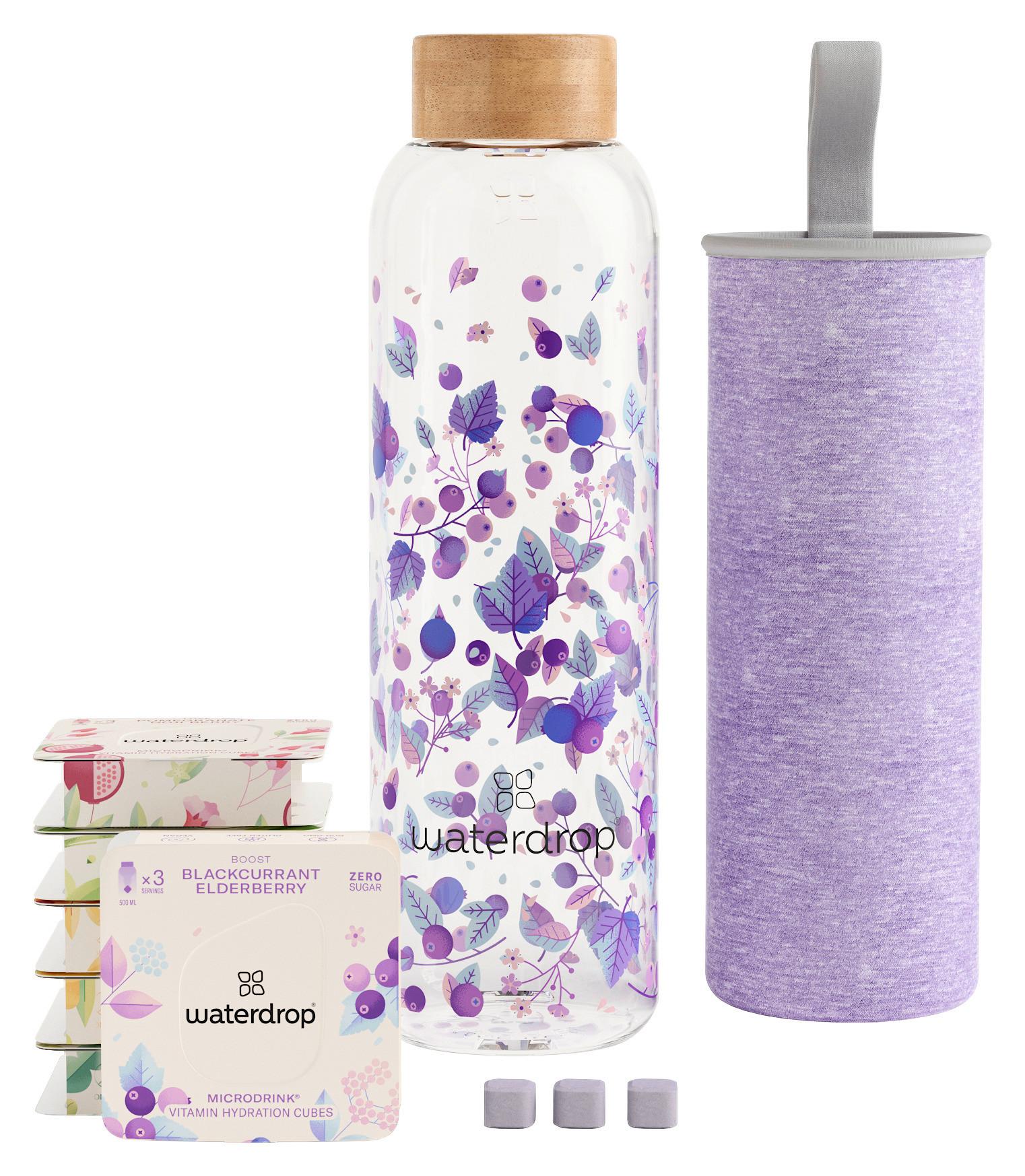 BUTELKA DO PICIA STARTER SET GLASS BOTTLE BOOST - liliowy/przejrzysty, Trend, drewno/szkło (600ml) - waterdrop