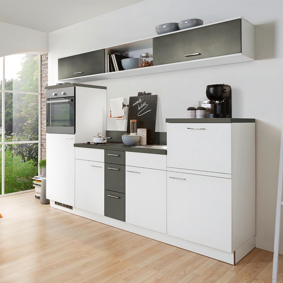 Küchenblock Clean/Base o. Geräte Weiß - Edelstahlfarben/Dunkelgrau, MODERN, Holzwerkstoff (250cm) - Express