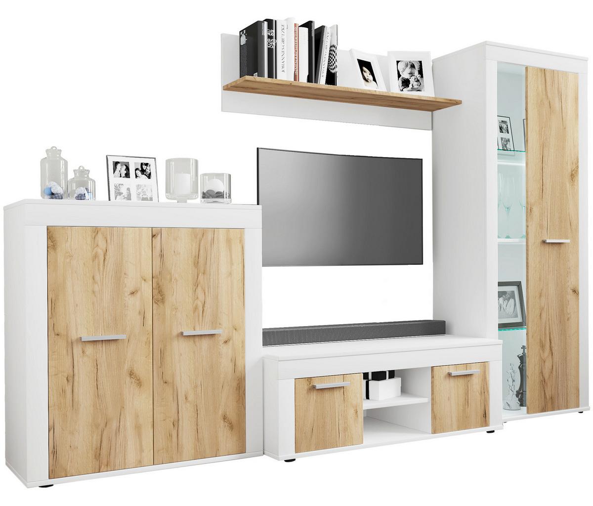 Dnevni Regal Usilo L, Bela, Barva Hrasta, 4-Delni - srebrne barve/črna, Design, umetna masa/steklo (242/159/37cm) - MID.YOU