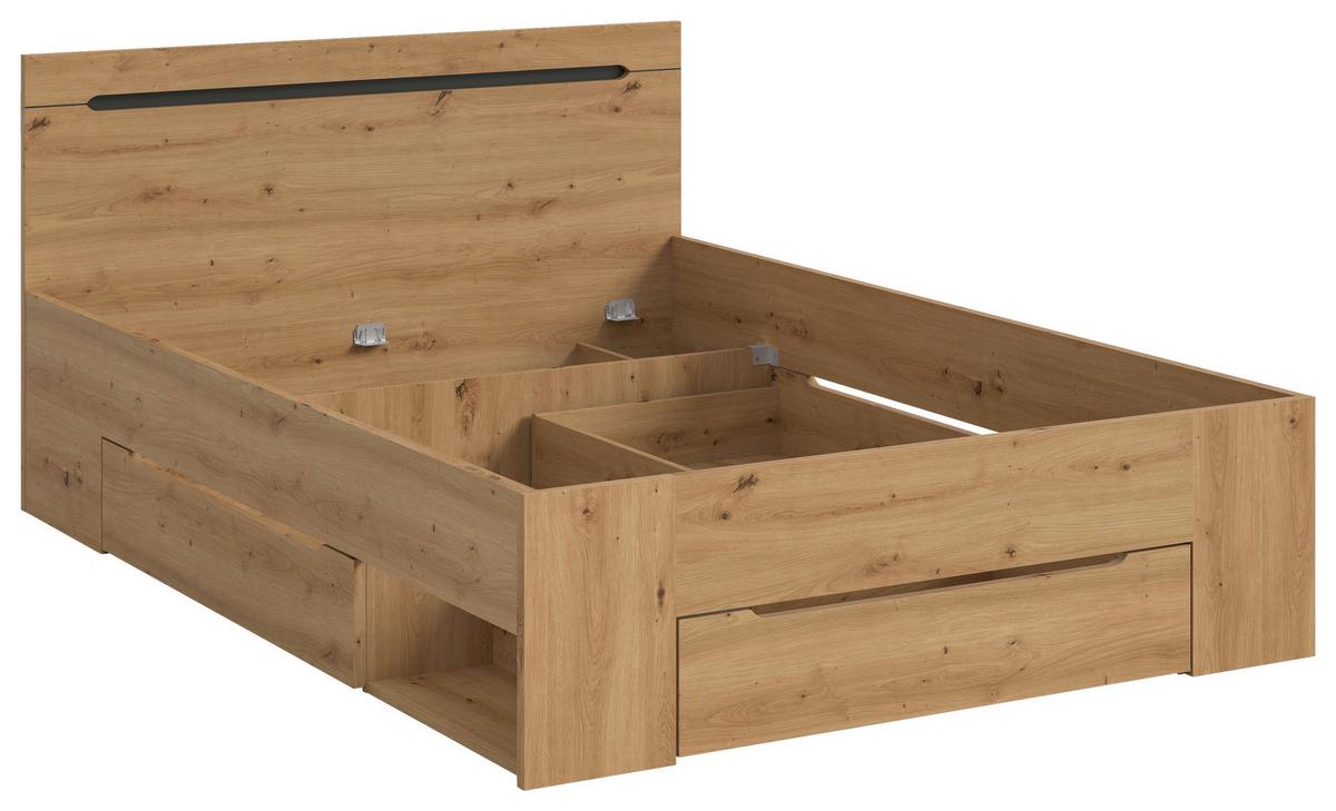 Bett CANU Eiche Artisan ca. 140x200 cm mit Stauraum - Eiche Artisan/Grau, MODERN, Holzwerkstoff (140/200cm) - MID.YOU