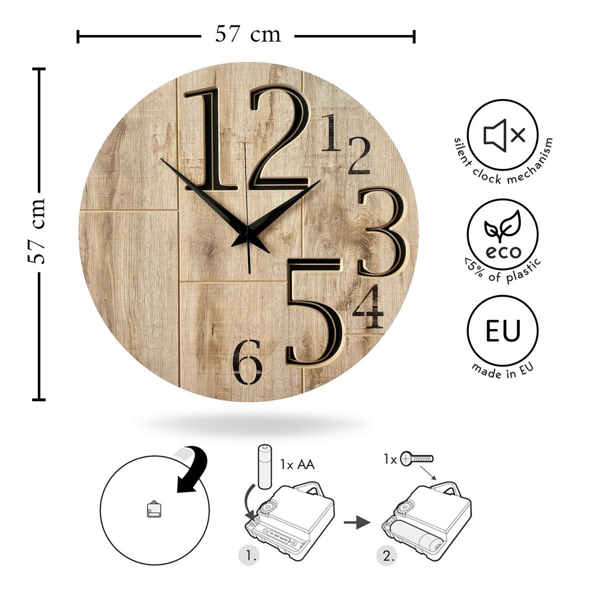 Wanduhr CL-12388 Schwarz/Eichefarben - Eichefarben/Schwarz, Basics, Holz/Kunststoff (57cm)