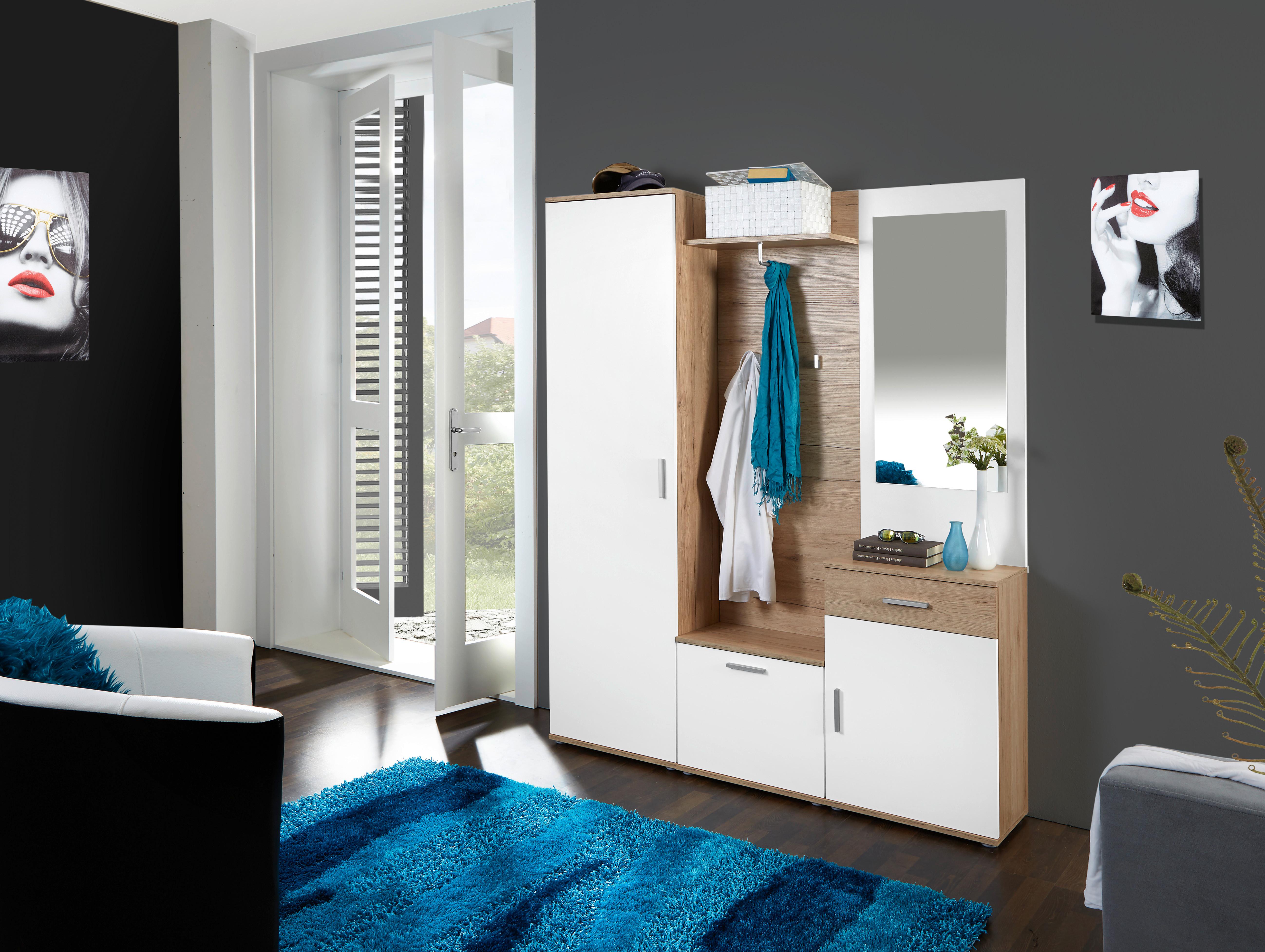 Ansamblu hol Mia - alb/culoare lemn stejar, Modern, sticlă/material pe bază de lemn (150/190/29cm) - Modern Living