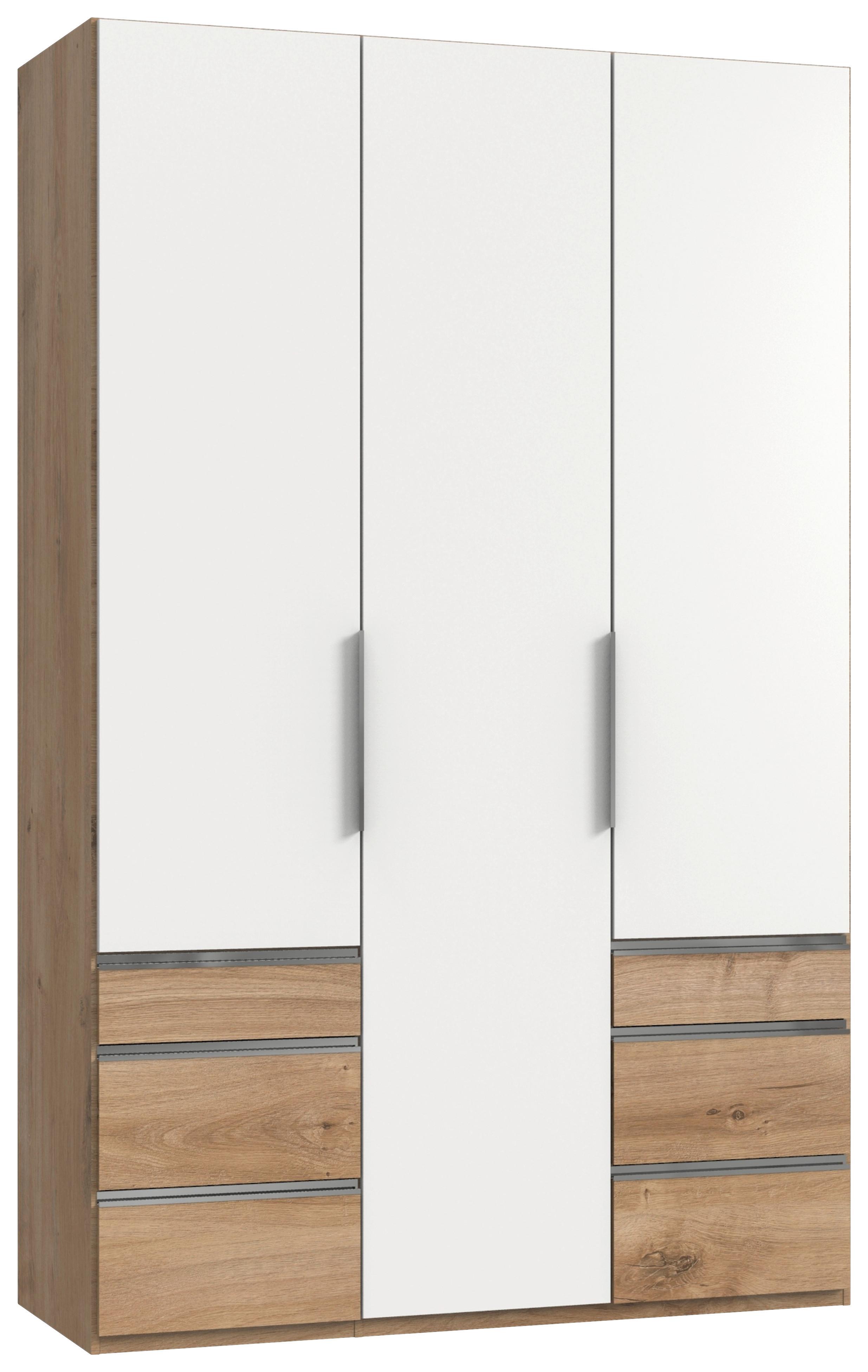 Drehtürenschrank mit Laden, B: 150 cm, Weiß/Eiche Dekor - Chromfarben/Eichefarben, MODERN, Holzwerkstoff (150/236/58cm) - MID.YOU