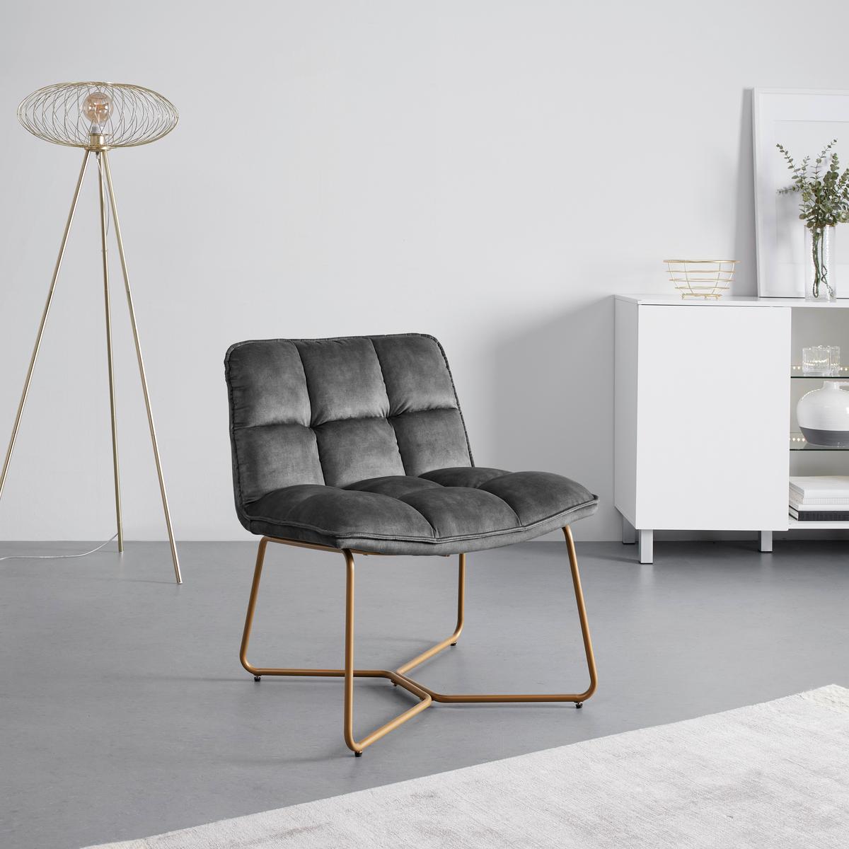 Sessel Rina Grau Samt Gepolstert - Goldfarben/Grau, MODERN, Holz/Textil (67/76,5/69,5cm) - Bessagi Home