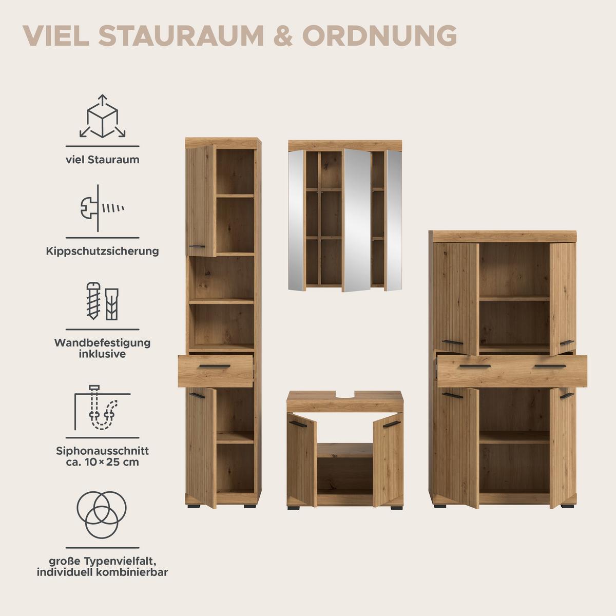 Badezimmer Scout Eiche Artisan 4-teilig - Schwarz/Eiche Artisan, Trend, Glas/Holzwerkstoff (171cm) - MID.YOU