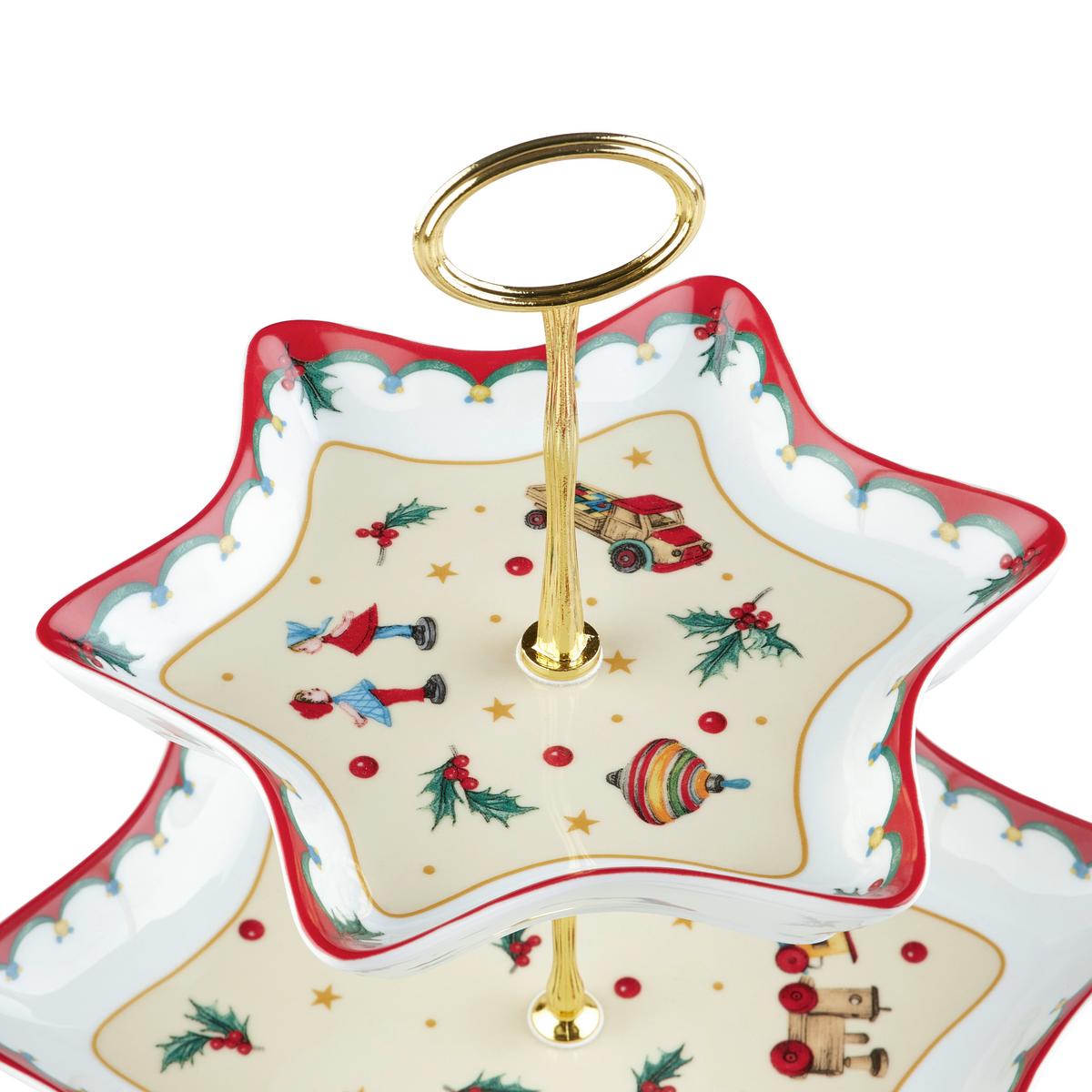 Platou etajat prăjituri Xmas - alb/auriu, Konventionell, ceramică/metal (27/23cm) - Mömax