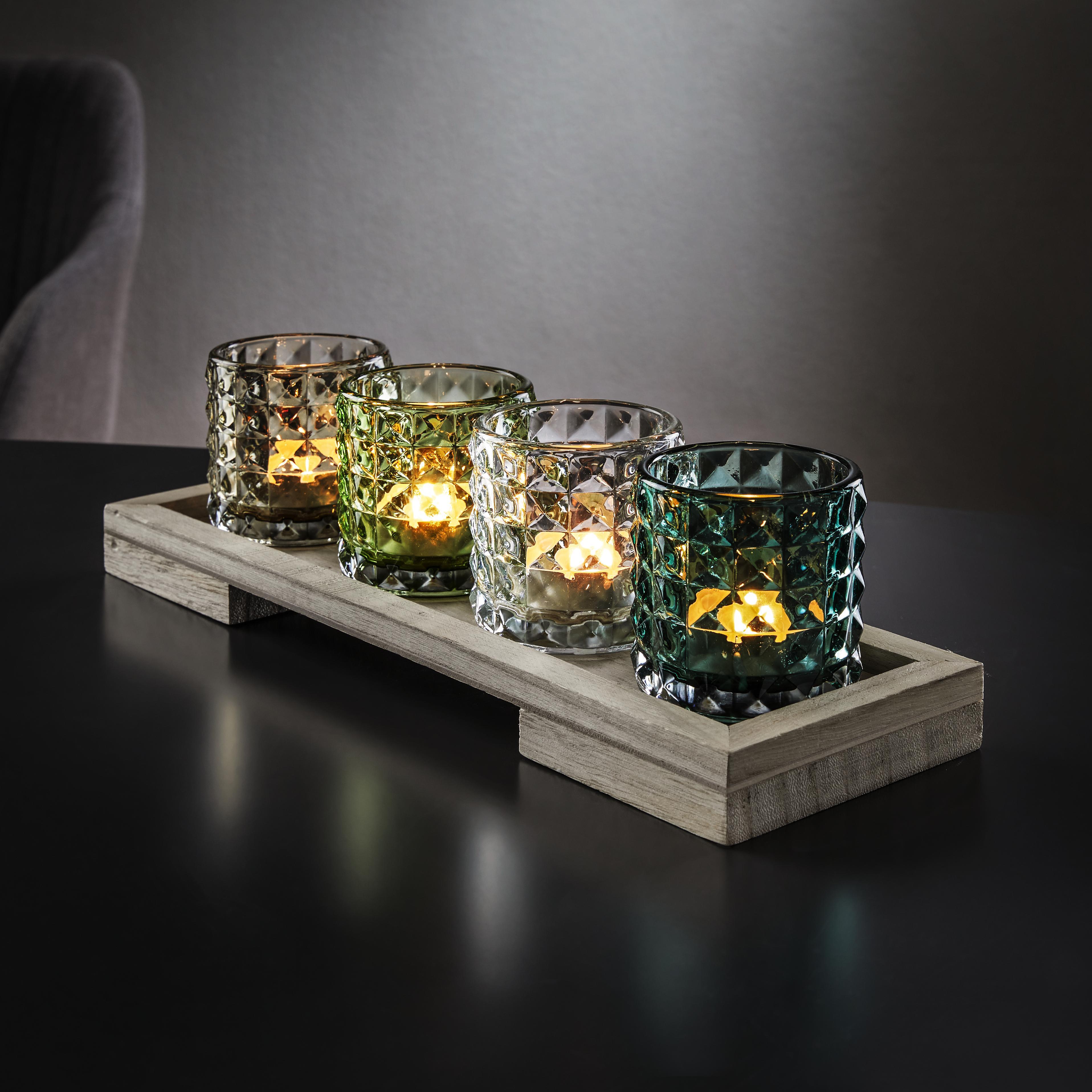 Teelichthalter in Multicolor inkl. Gläser ca.34/11cm 'Rory' - Multicolor/Naturfarben, MODERN, Glas/Holz (34/11/9cm) - Bessagi Home