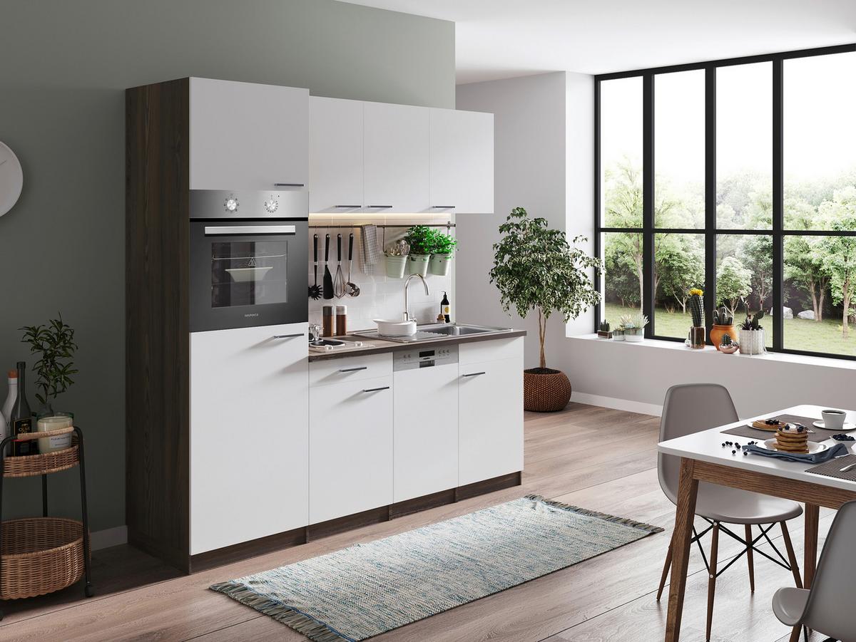 Küchenblock Oliver mit Geräten ca. 205 cm Weiß - Eichefarben/Alufarben, Basics, Holzwerkstoff/Kunststoff (205cm) - Respekta
