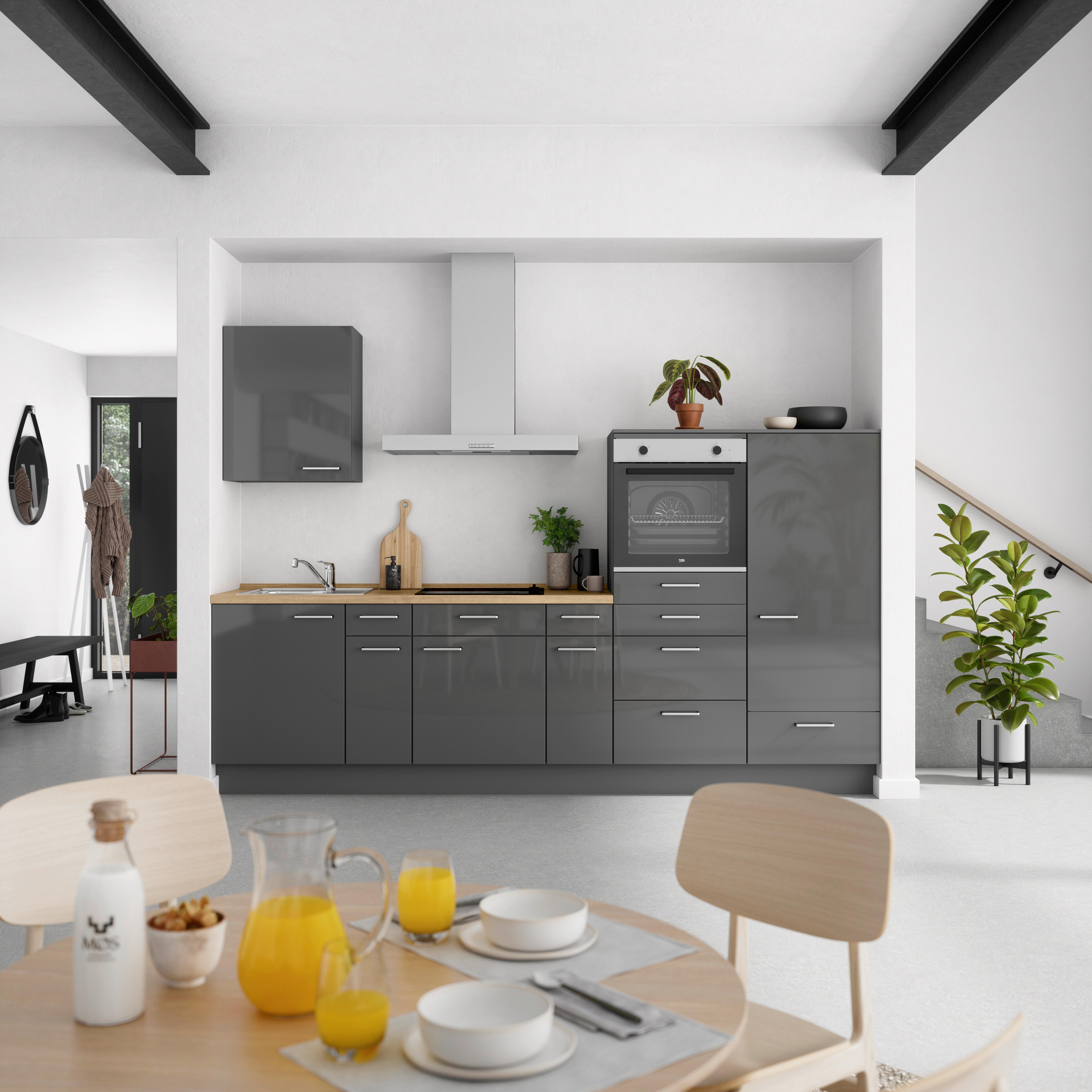 Küchenblock Flash Low m. Geräten Schieferfarben - Schieferfarben/Edelstahlfarben, MODERN, Holzwerkstoff/Metall (300cm) - Nobilia