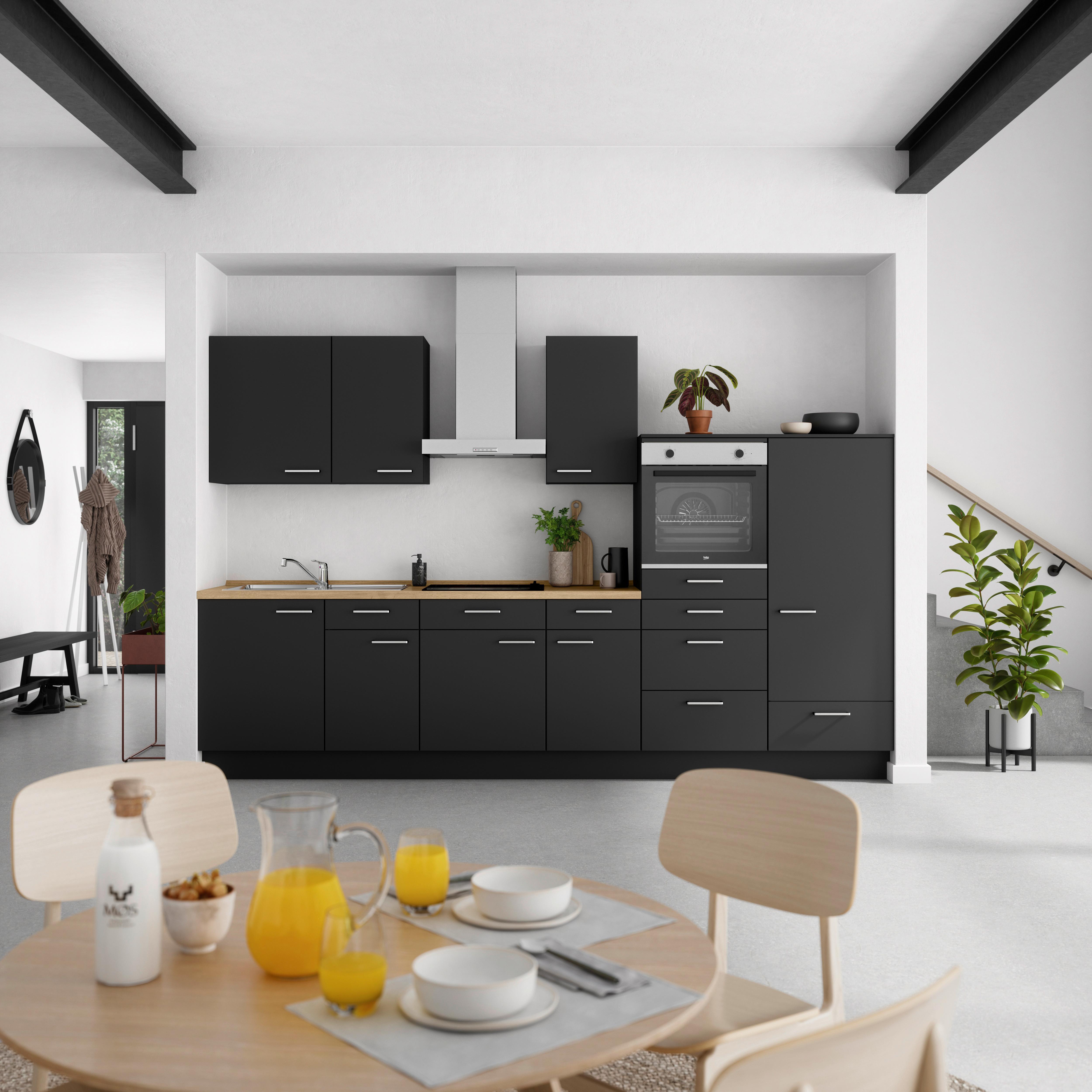Küchenblock Touch Low m. Geräten Schwarz - Edelstahlfarben/Eichefarben, MODERN, Holzwerkstoff/Metall (330cm) - Nobilia