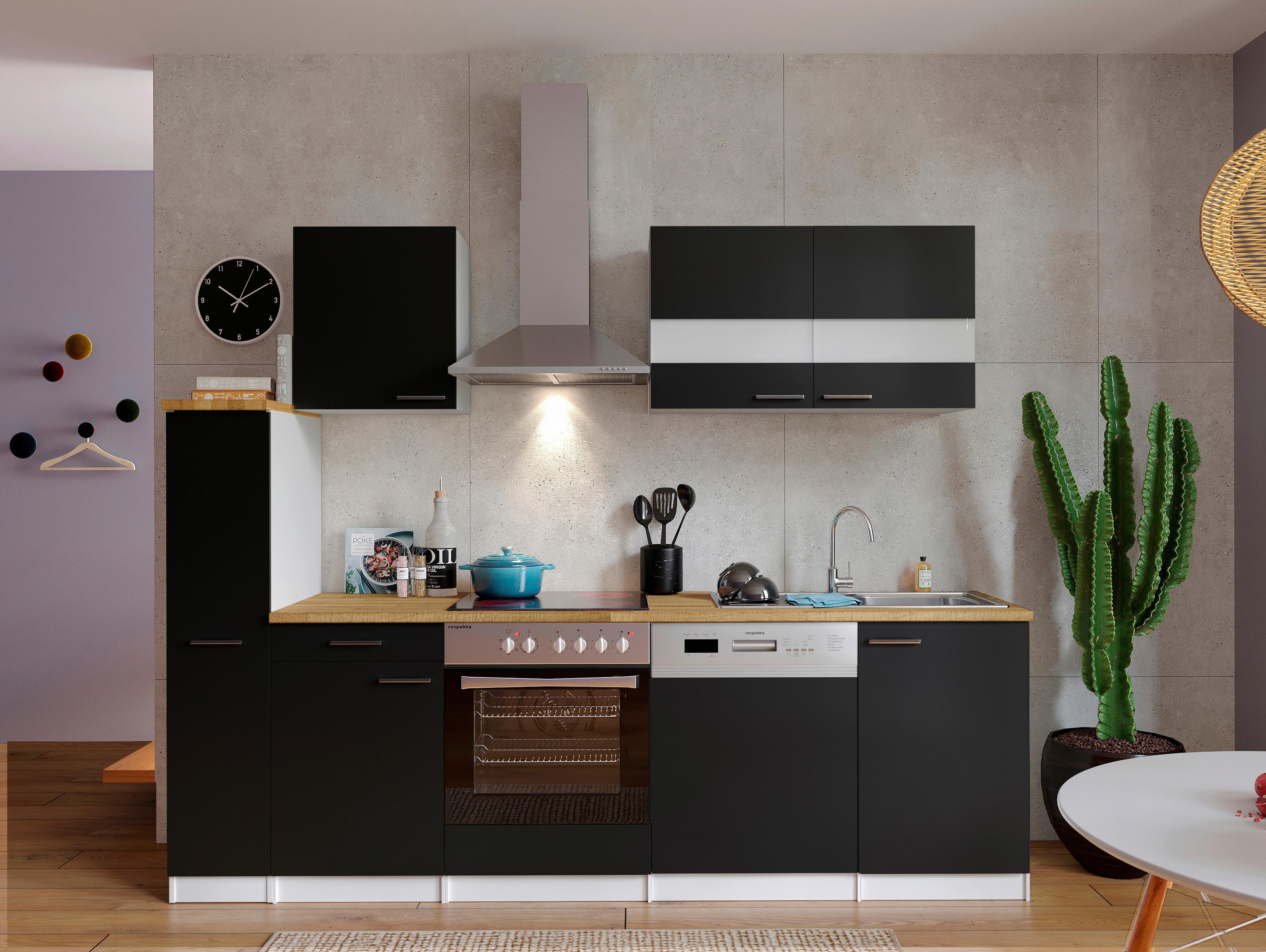 Küchenzeile Economy m. Geräten Schwarz/Nussbaum B: ca. 250 cm - Edelstahlfarben/Nussbaumfarben, Basics, Holzwerkstoff/Metall (250cm) - Respekta