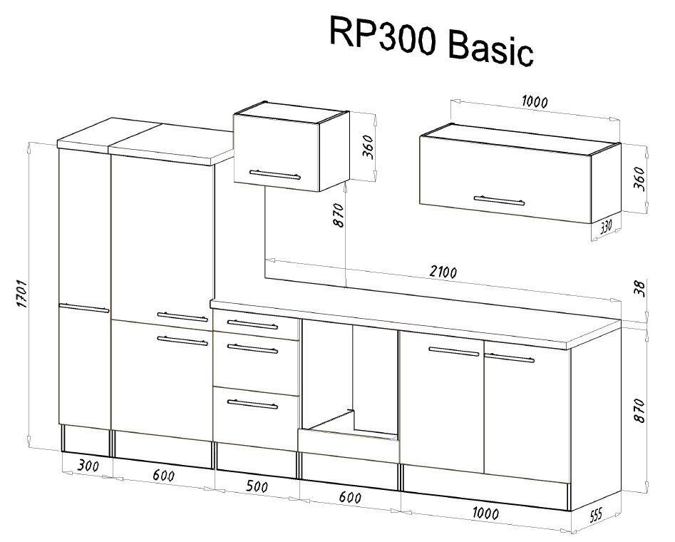 Küchenzeile mit Geräte Schwarz Hochglanz/Weiß B: ca. 300 cm - Edelstahlfarben/Schwarz, KONVENTIONELL, Holzwerkstoff/Metall (300cm) - Respekta