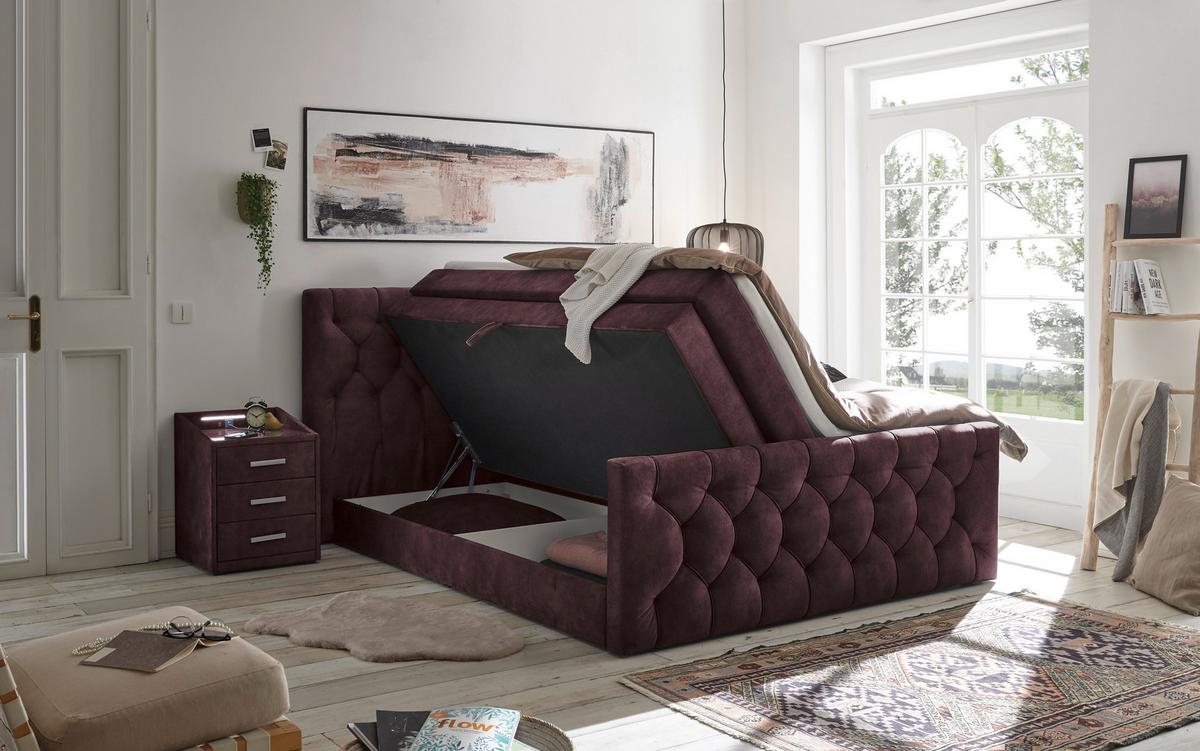 Boxspringbett Cashfield 8 ca. 180x200 cm Aubergine - Aubergine/Schwarz, MODERN, Holzwerkstoff/Kunststoff (180/200cm) - MID.YOU