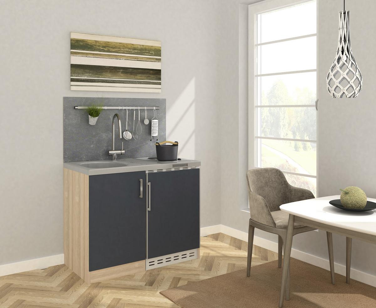 Miniküche Grau/Eiche Sonoma m. Geräten B: ca. 100cm - Edelstahlfarben/Grau, MODERN, Holzwerkstoff/Kunststoff (100cm) - Respekta