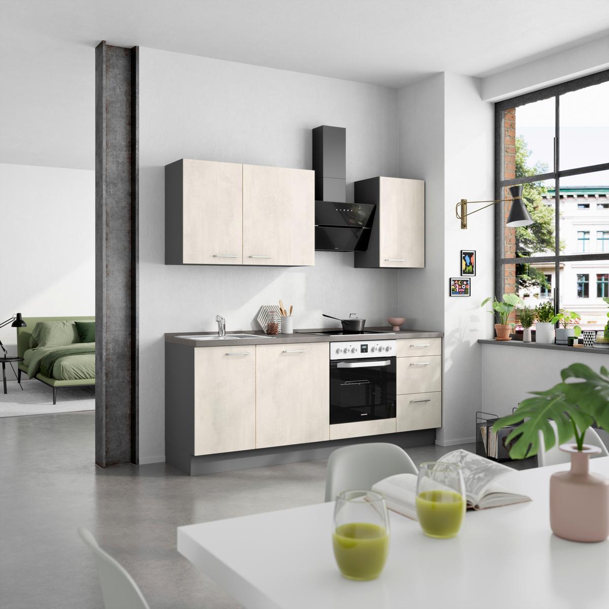 Küchenblock Riva High m. Geräten Weiß - Schieferfarben/Edelstahlfarben, MODERN, Holzwerkstoff/Metall (210cm) - Nobilia