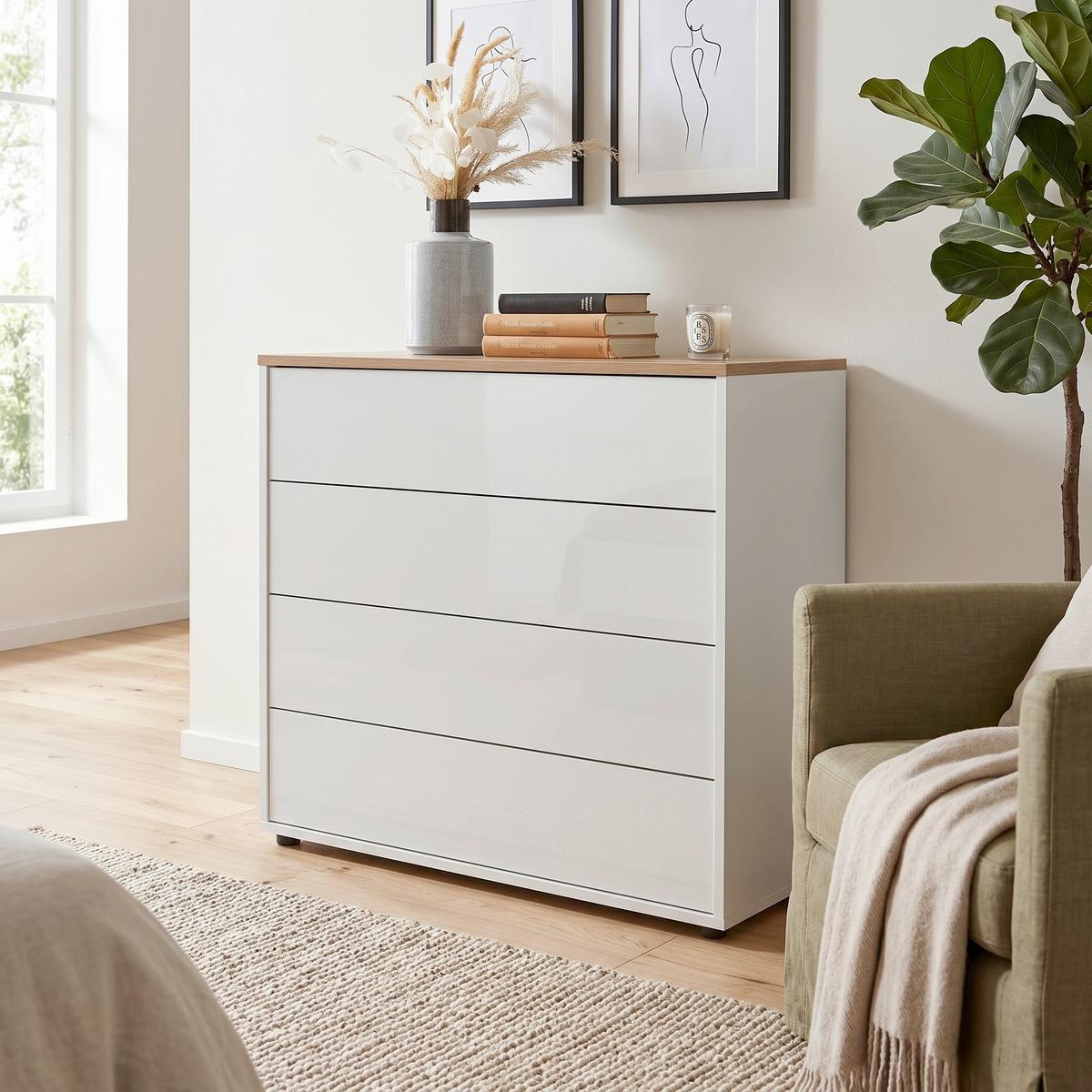 Kommode Mailand Typ 3 Weiß/Eichefarben - Weiß Hochglanz/Eichefarben, MODERN, Holzwerkstoff/Kunststoff (79/73/33cm) - MID.YOU