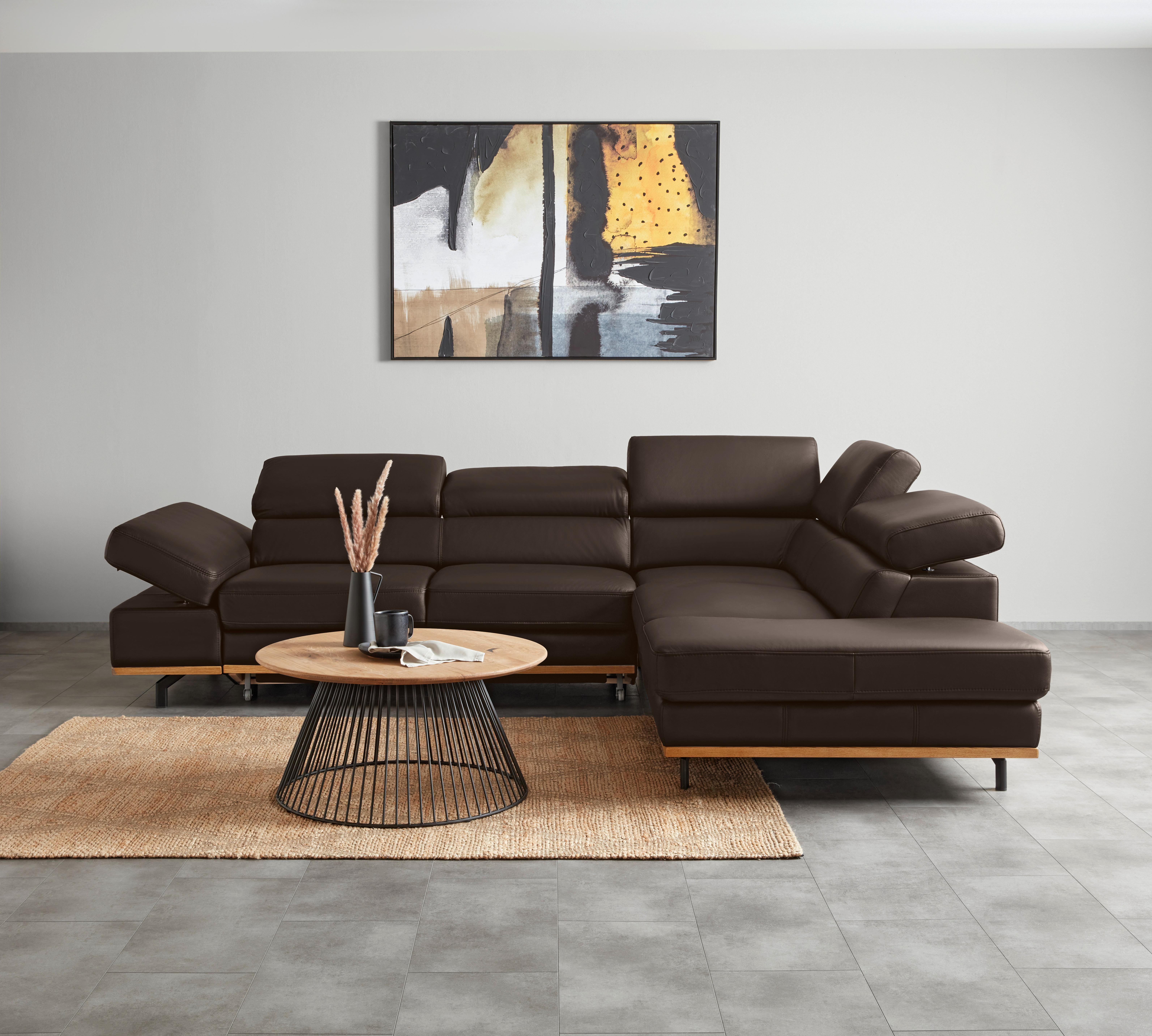 Wohnlandschaft Carmen rechts Dunkelbraun - Dunkelbraun/Schwarz, MODERN, Leder/Holz (292/72/226cm) - Premium Living