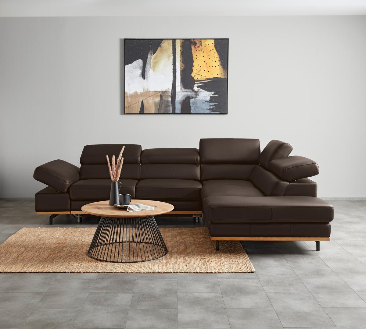 Wohnlandschaft Carmen rechts Dunkelbraun - Dunkelbraun/Schwarz, MODERN, Leder/Holz (292/72/226cm) - Premium Living