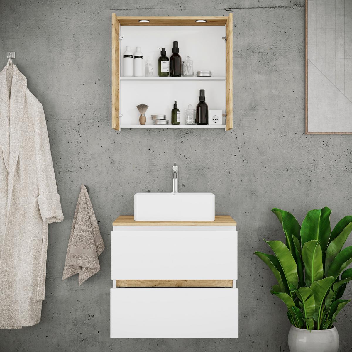 Badezimmer Cosila - Honigeiche/Weiss, Trend, Keramik/Holzwerkstoff (60cm) - MID.YOU