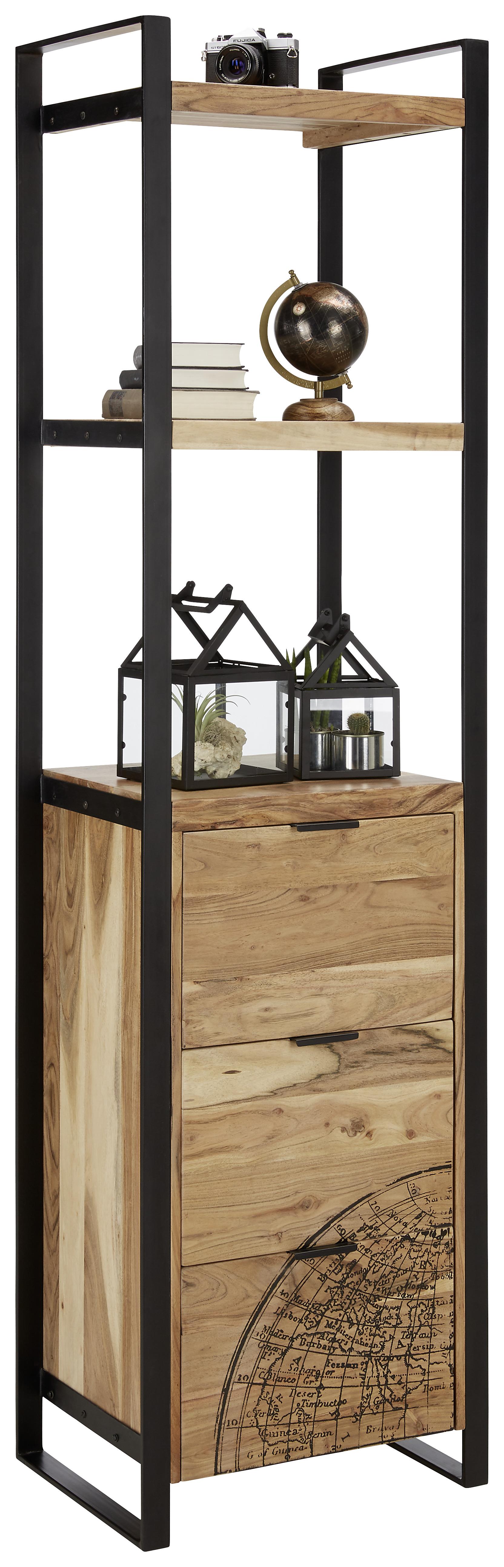 Polc Akácfa 3 Fiók 2 Polclap Globe - natúr/fekete, Lifestyle, fém/fa (55/200/41cm) - Mömax