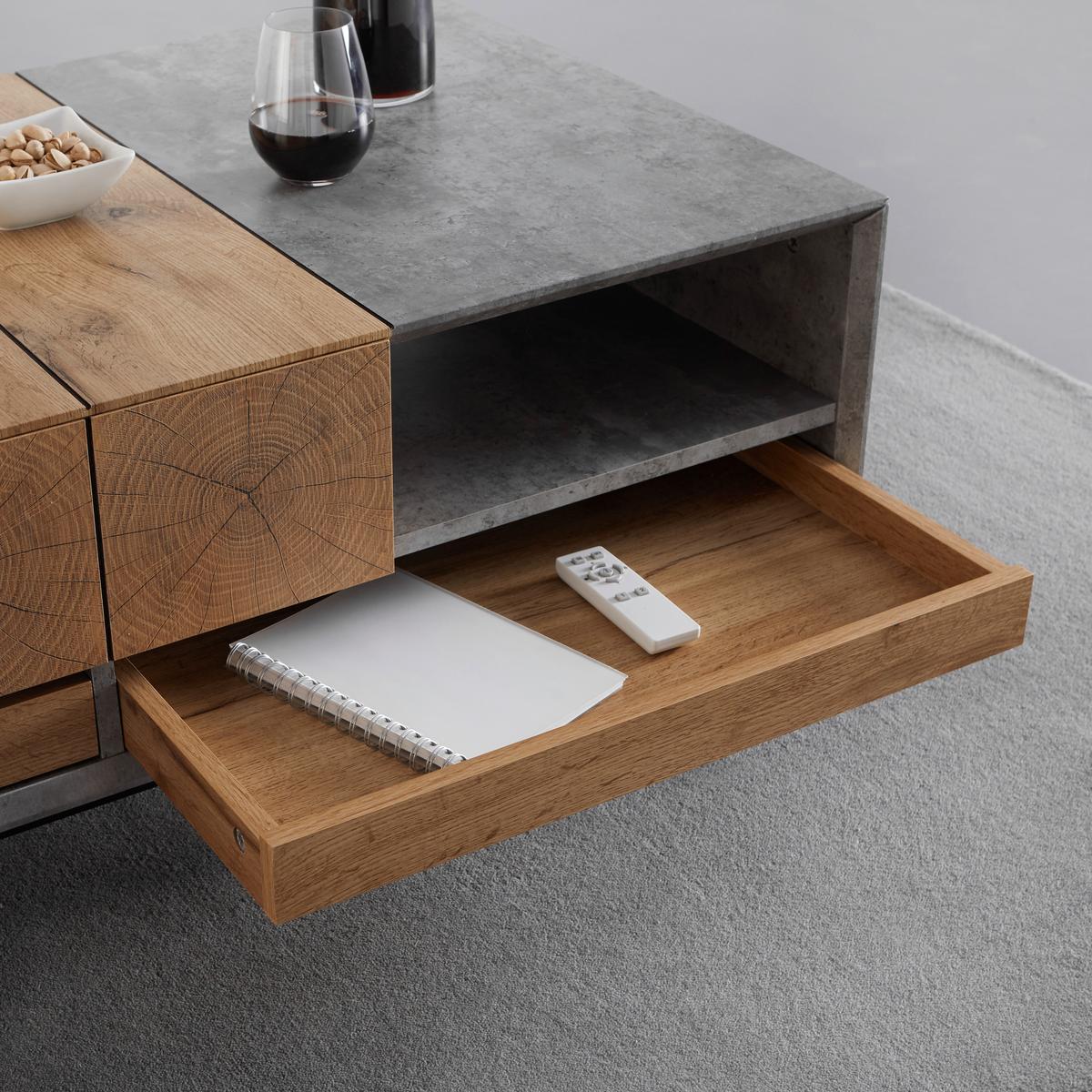 Couchtisch CASPER grau Betonoptik, eichefarben - Eichefarben/Grau, Modern, Holz (120/60/42cm) - Bessagi Home
