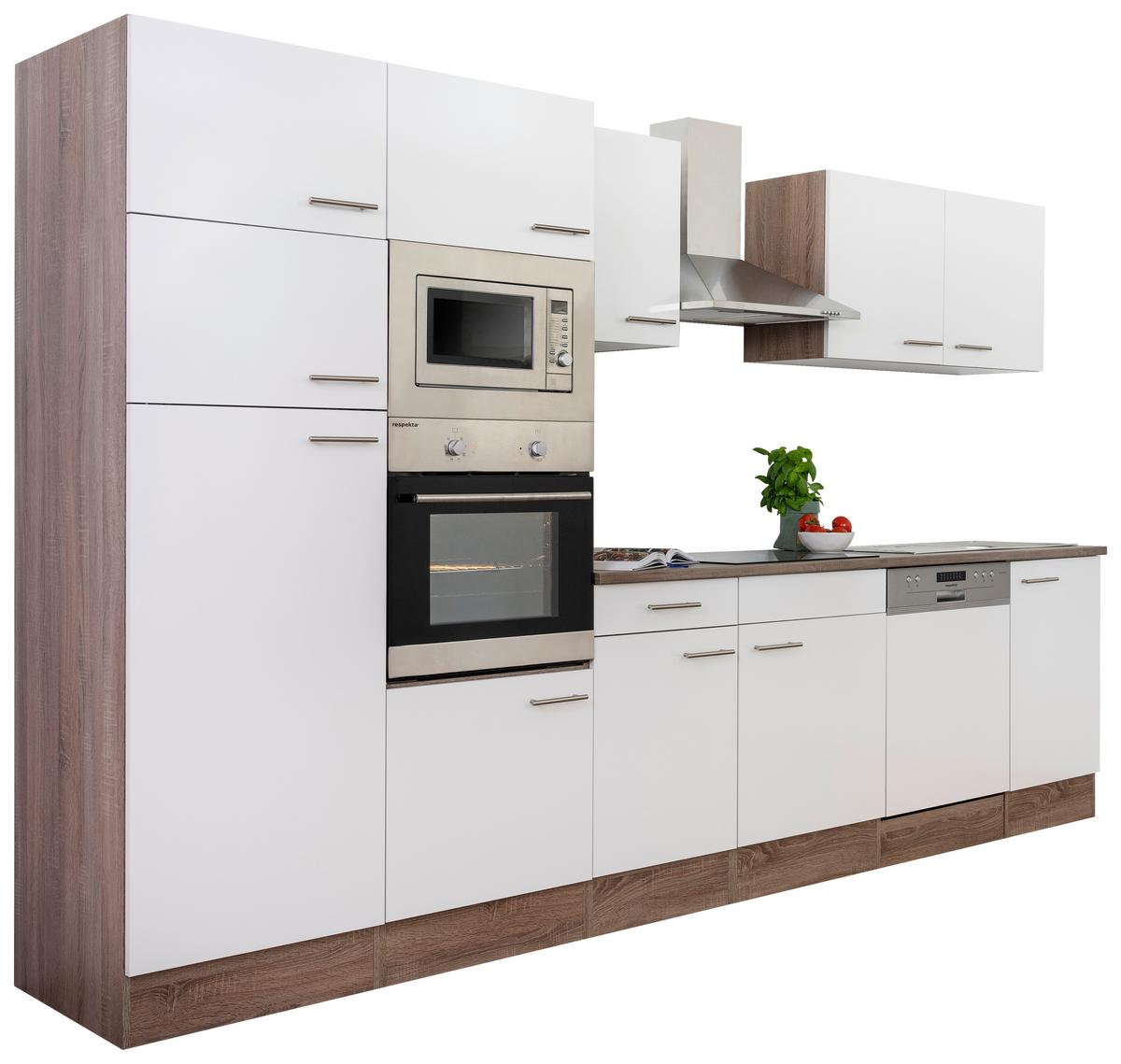Küchenzeile Economy o. Geräte Weiß/Eiche Dekor B: ca. 340 cm - Edelstahlfarben/Eichefarben, Basics, Holzwerkstoff/Metall (340cm) - Respekta